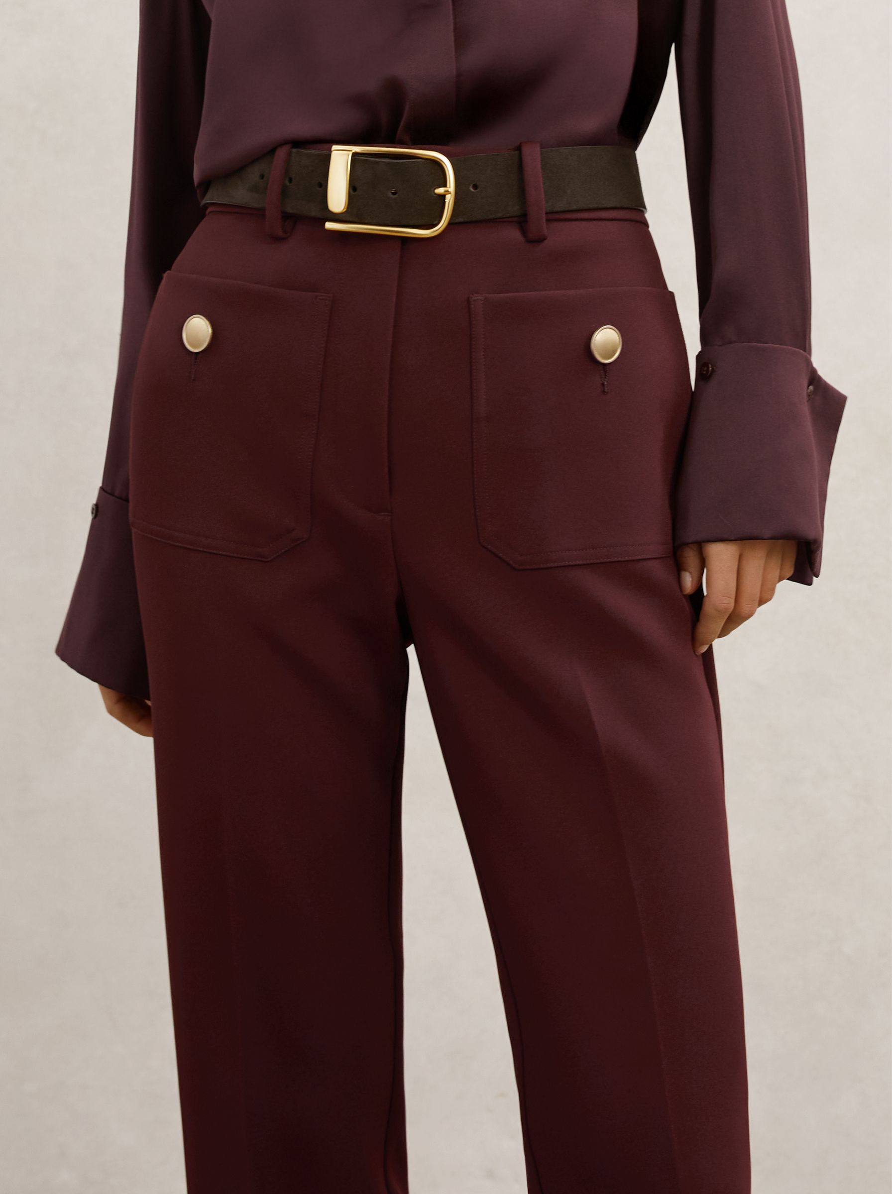 Button-Pocket Flared Trousers in Dark Red - image 4