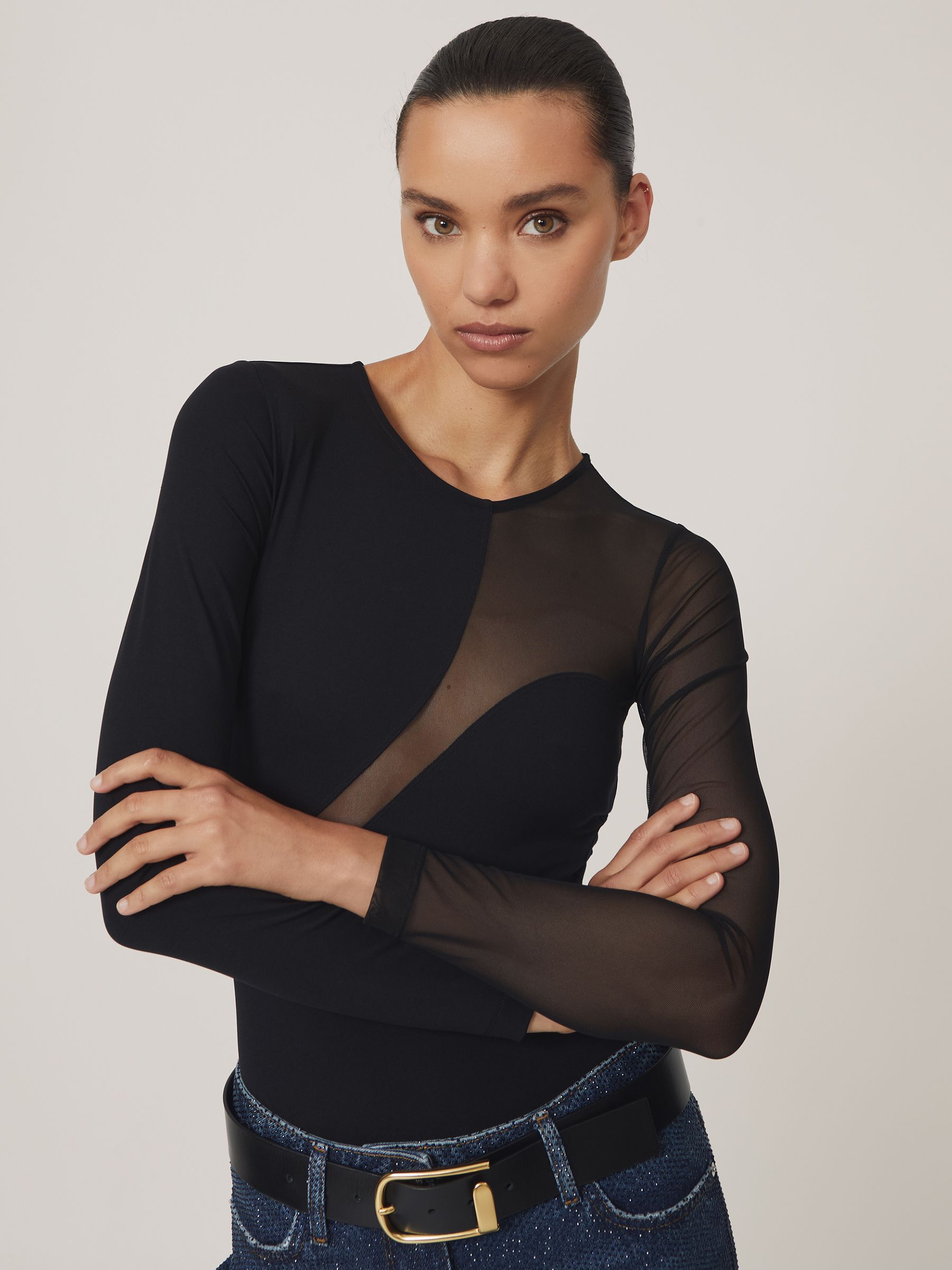 Cut-Out Mesh-Panel Bodysuit in Black - image 2