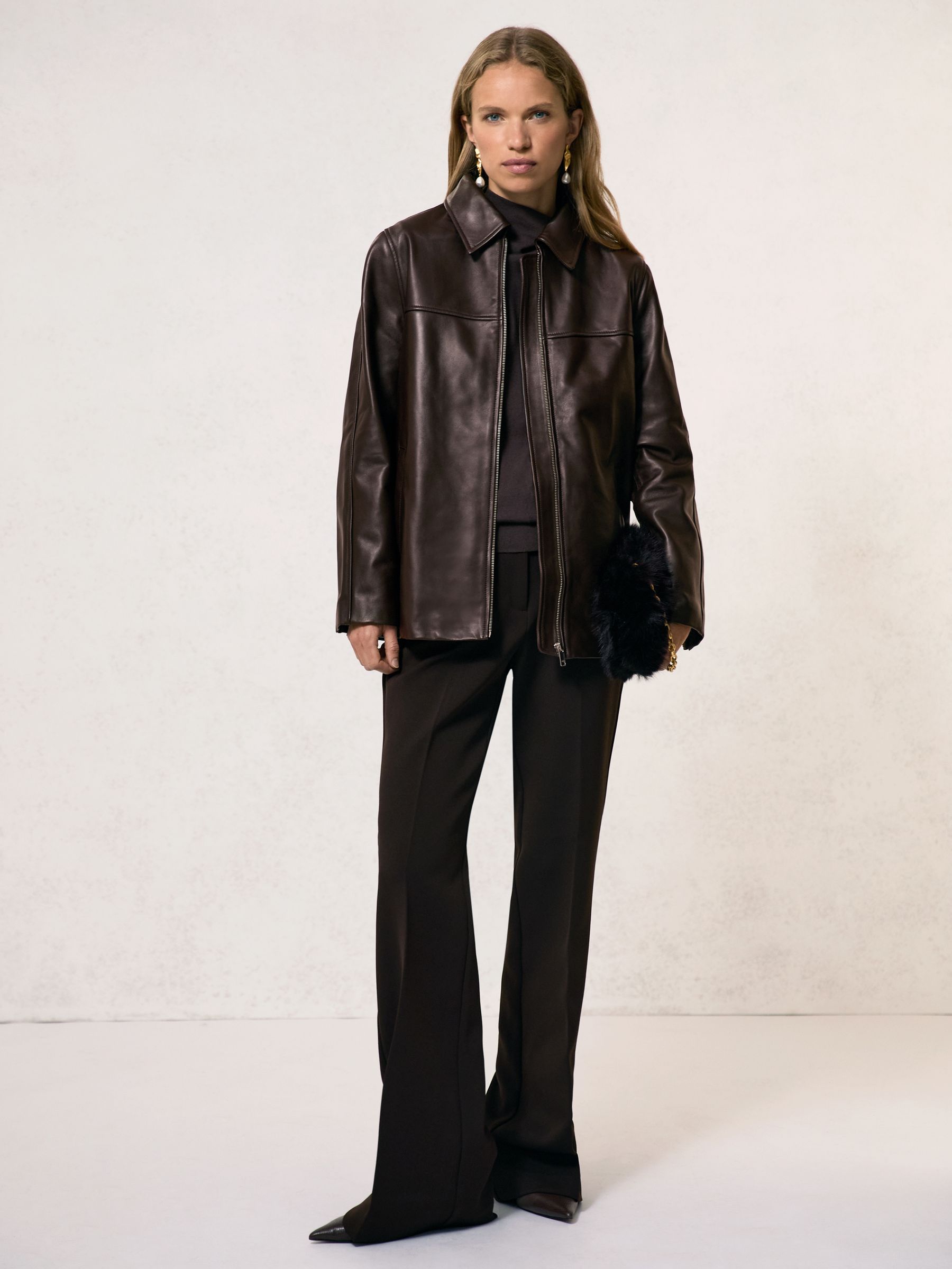 Longline Leather Jacket in Chocolate Brown - Image 3 of 6