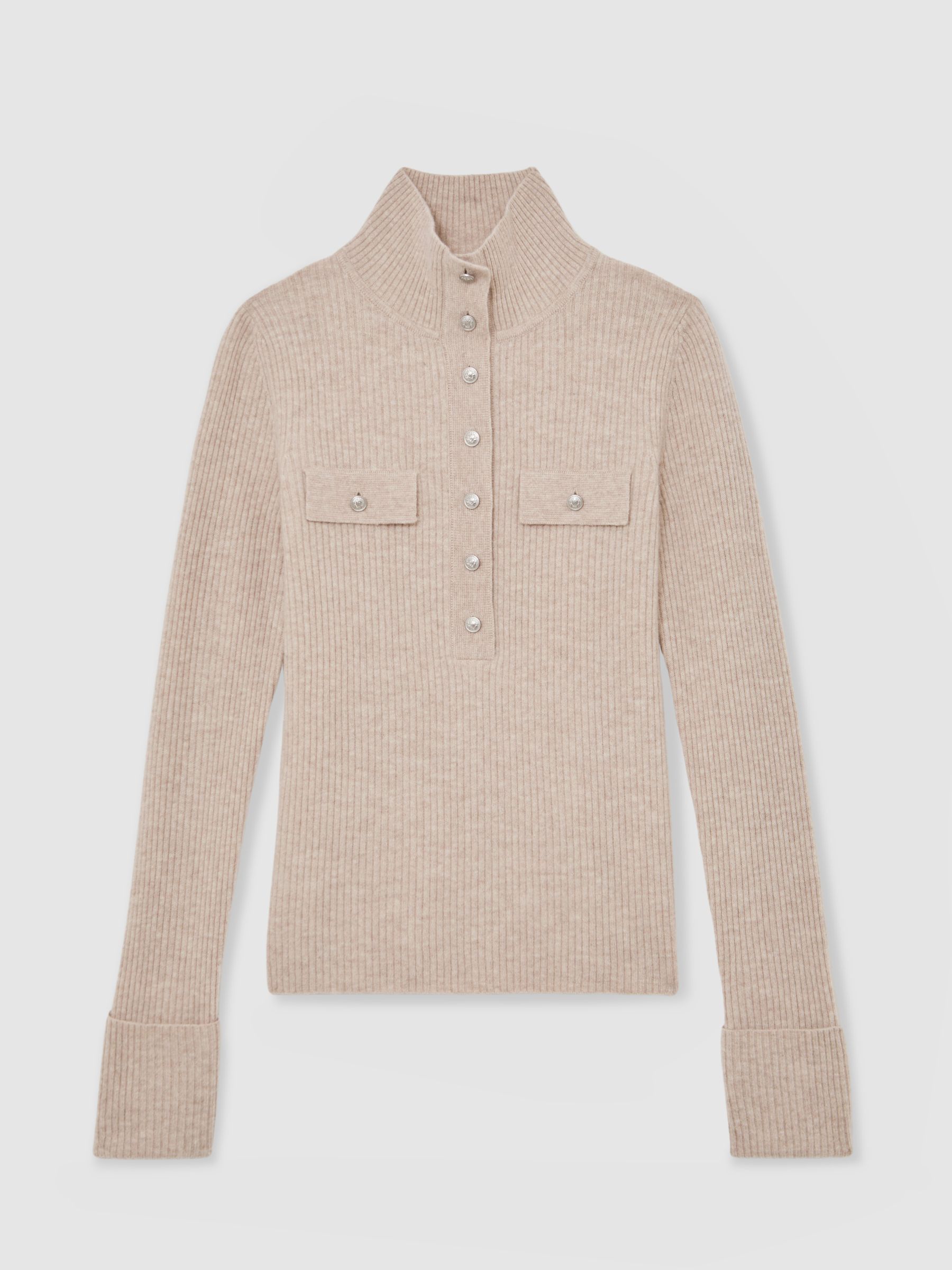 Wool Funnel-Neck Half-Button Jumper in Neutral - Image 2 of 6