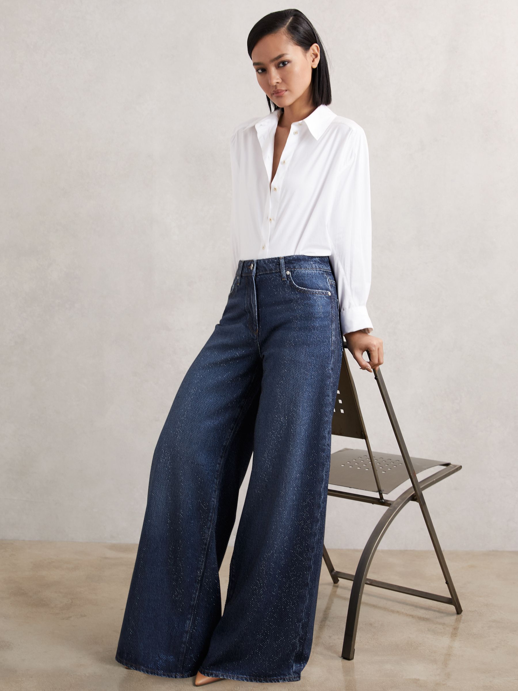 Petite Wide-Leg Crystal-Embellished Jeans in Dark Blue - Image 3 of 8