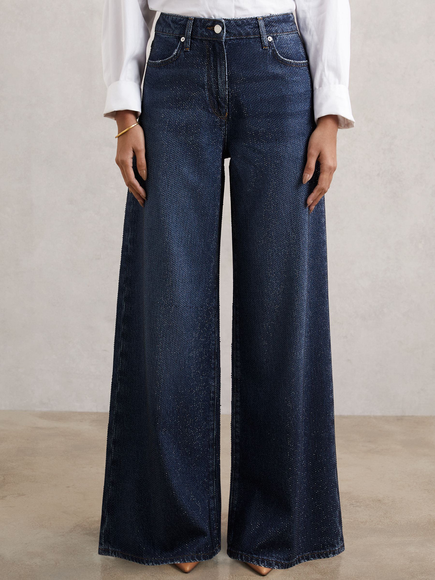 Petite Wide-Leg Crystal-Embellished Jeans in Dark Blue - Image 5 of 8