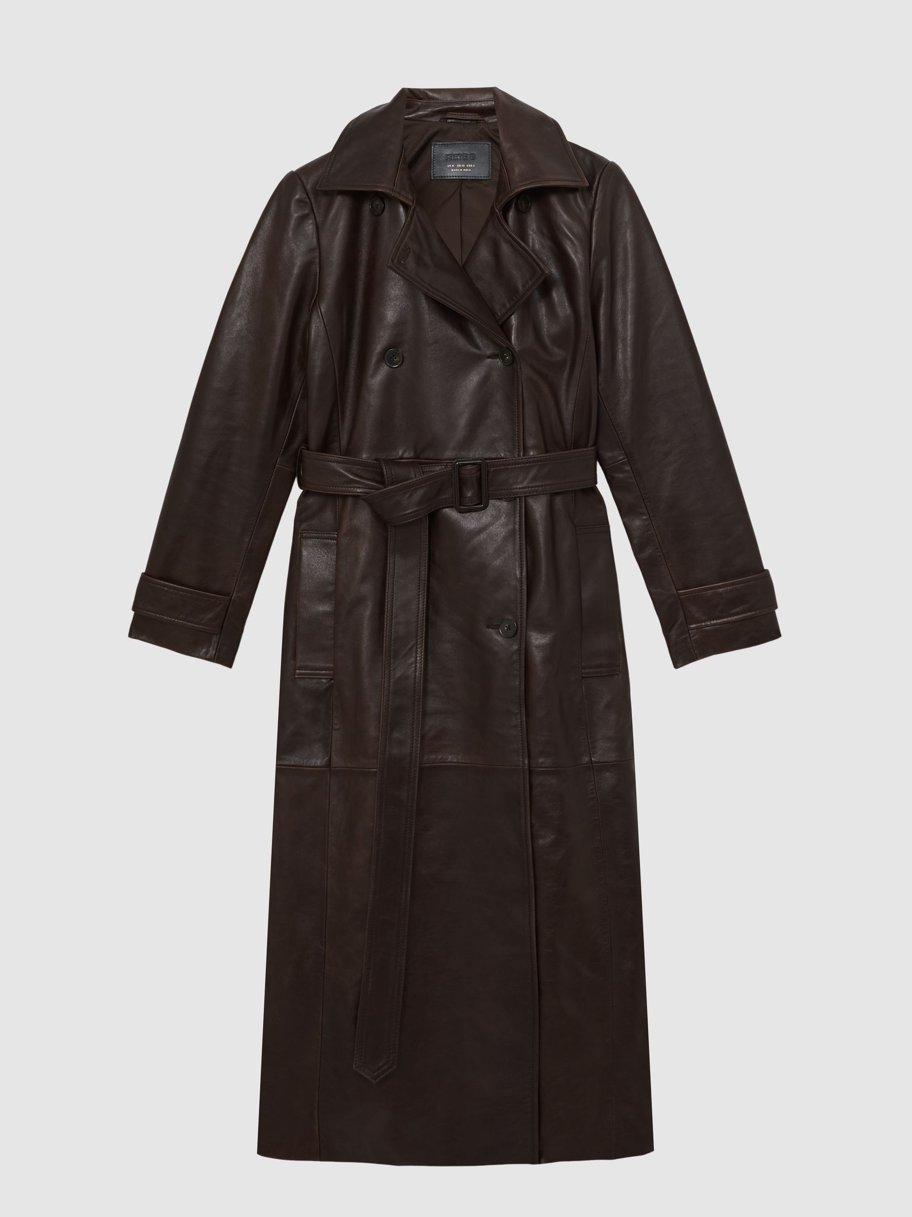 Leather Double-Breasted Trench Coat in Chocolate - Image 2 of 6