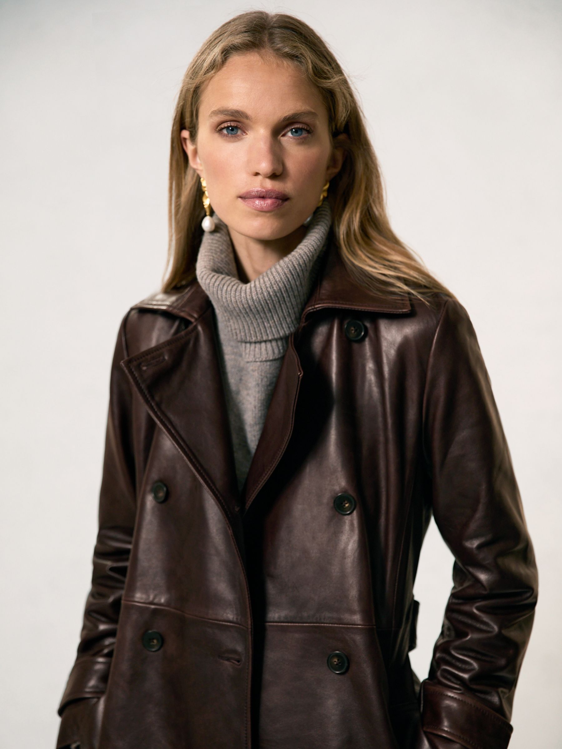 Leather Double-Breasted Trench Coat in Chocolate - Image 3 of 6