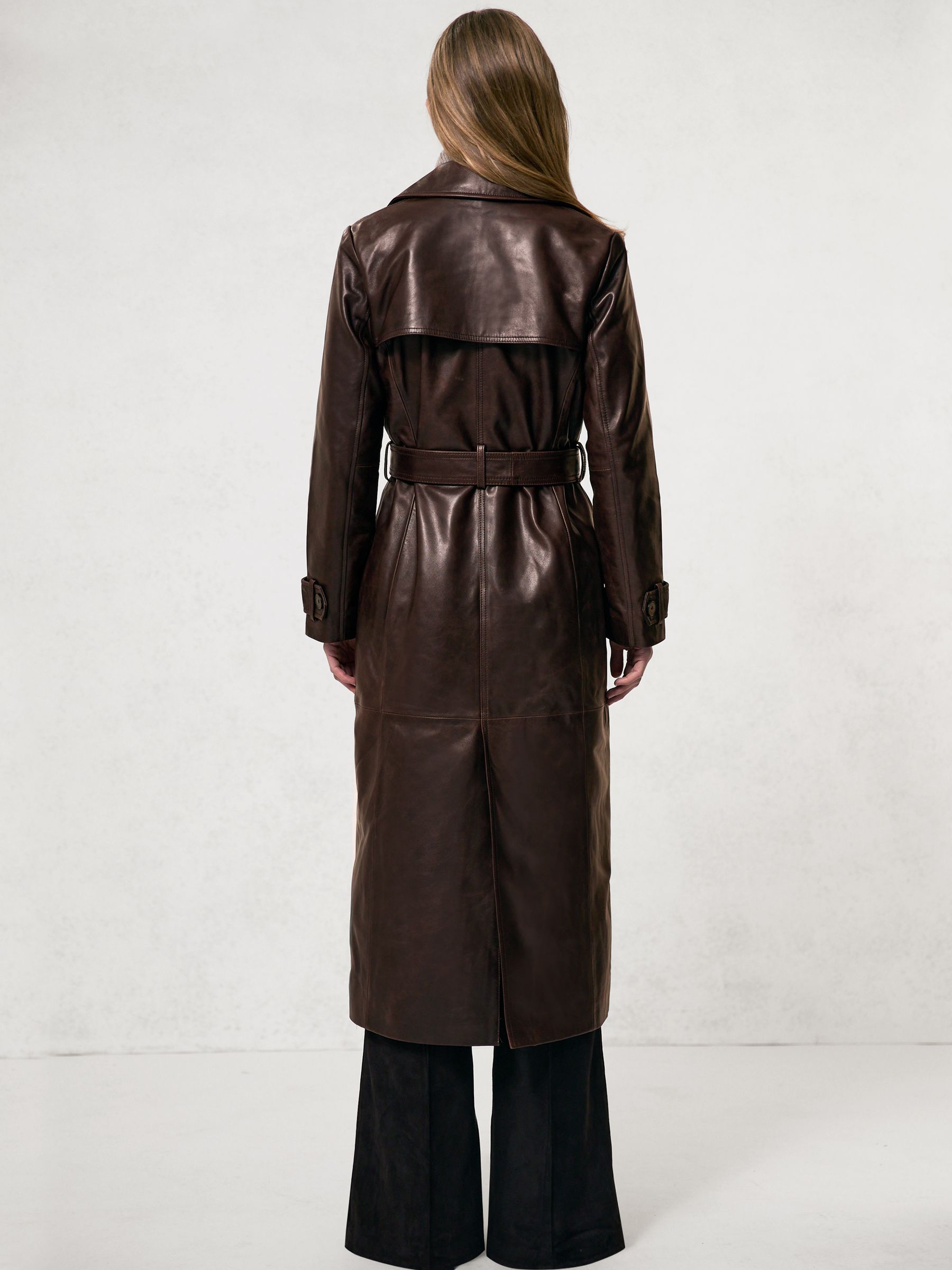 Leather Double-Breasted Trench Coat in Chocolate - Image 4 of 6
