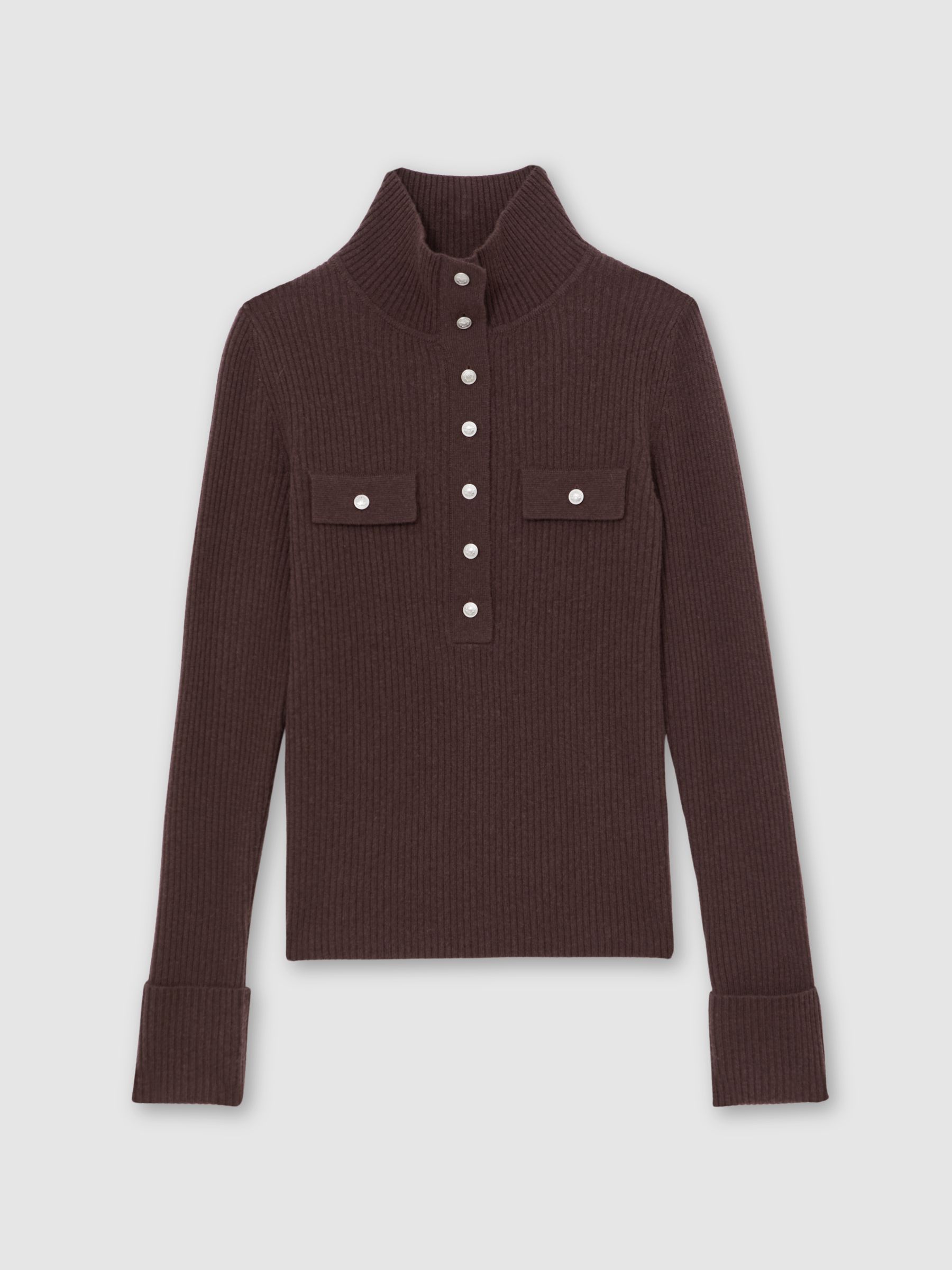 Wool Funnel-Neck Half-Button Jumper in Chocolate Brown - image 1