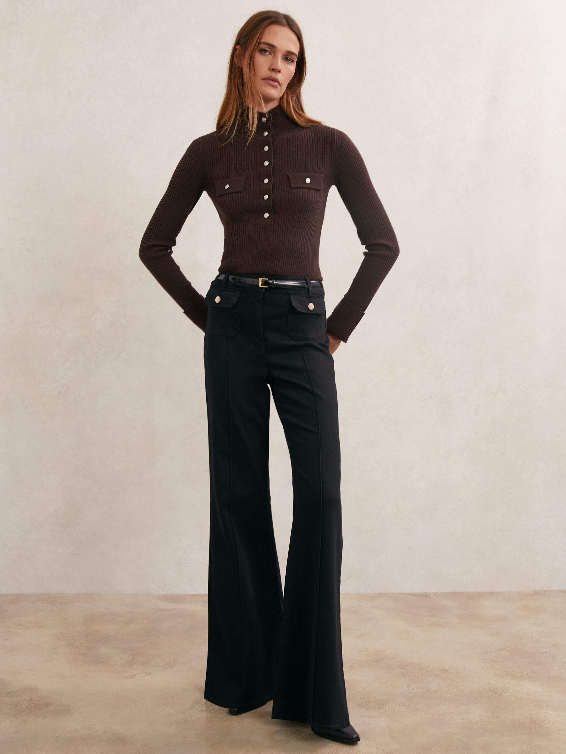 Wool Funnel-Neck Half-Button Jumper in Chocolate Brown - Image 3 of 6