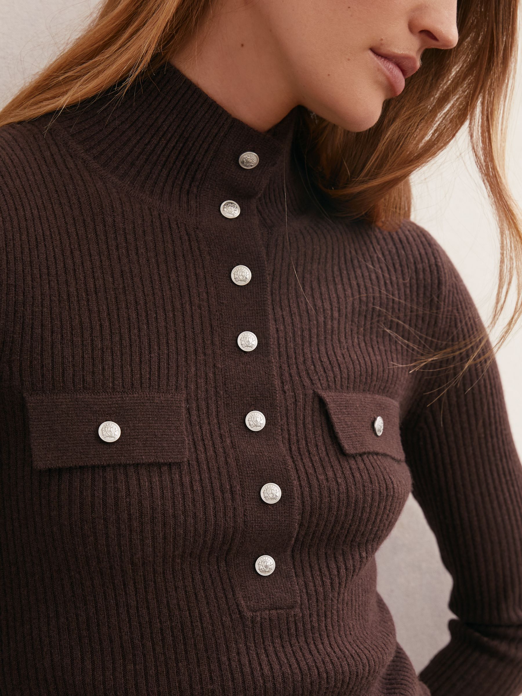 Wool Funnel-Neck Half-Button Jumper in Chocolate Brown - image 5