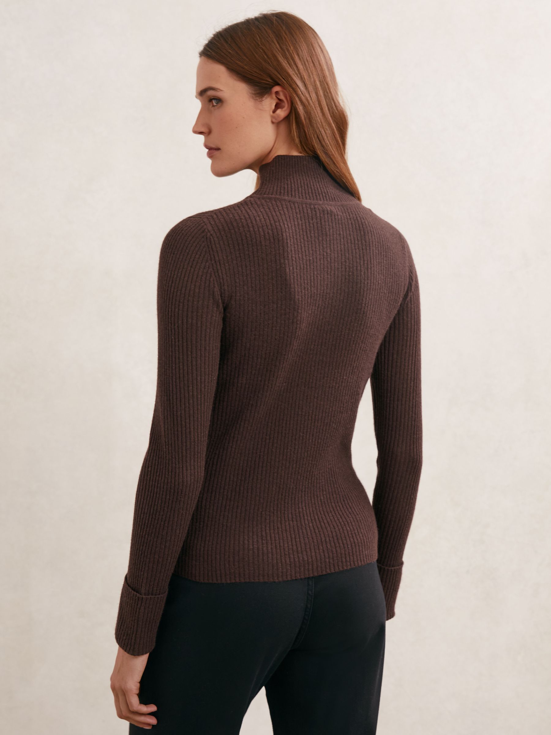 Wool Funnel-Neck Half-Button Jumper in Chocolate Brown - image 4