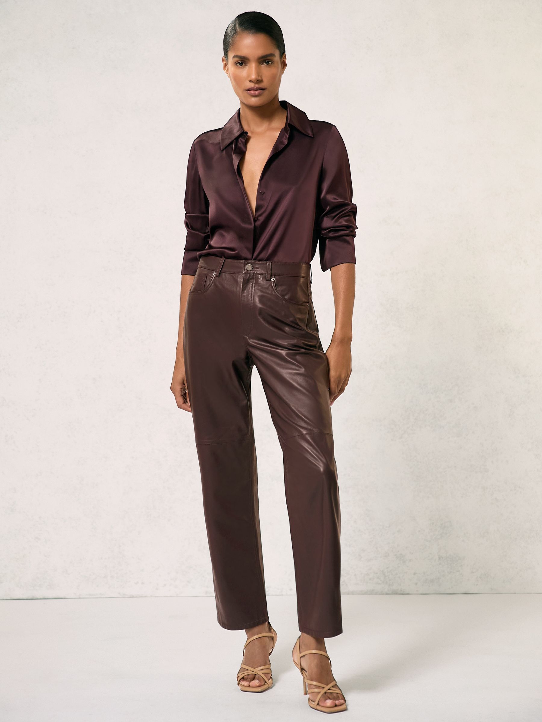 Petite Leather Slim-Leg Trousers in Oxblood Burgundy - Image 1 of 6 Petite Leather Slim-Leg Trousers in Oxblood Burgundy - Image 1 of 6