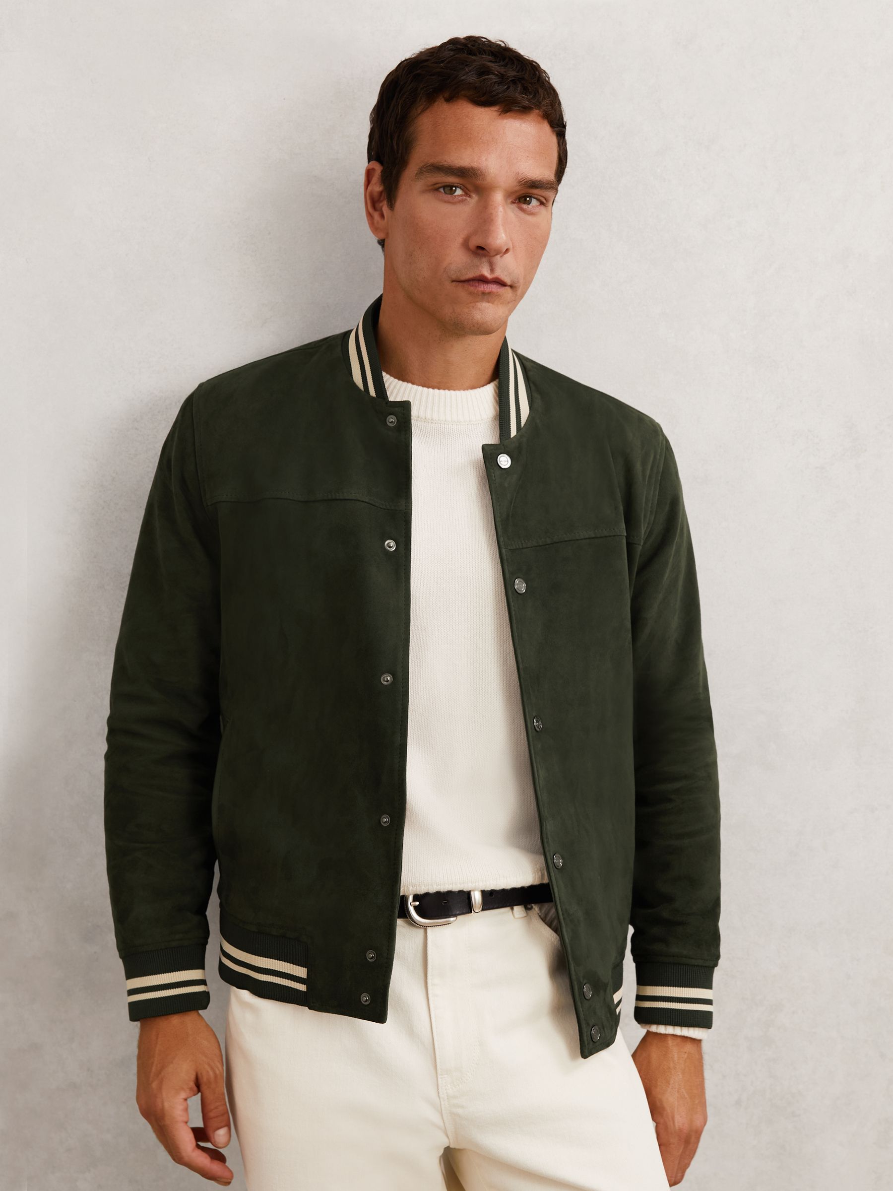 Reiss Suede Stripe-Trim Bomber Jacket in Forest Green | REISS