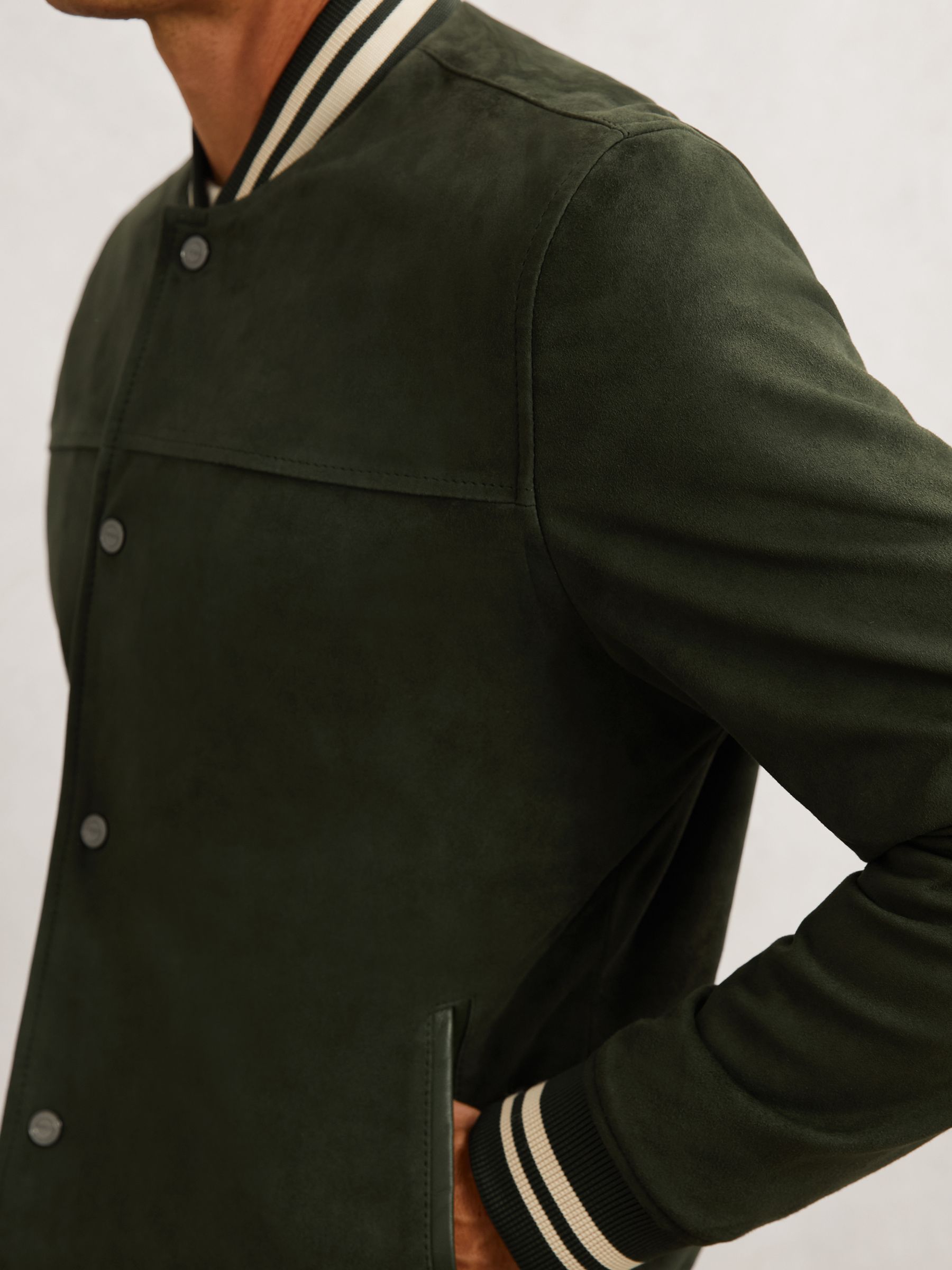 Suede Stripe-Trim Bomber Jacket in Forest Green - image 4