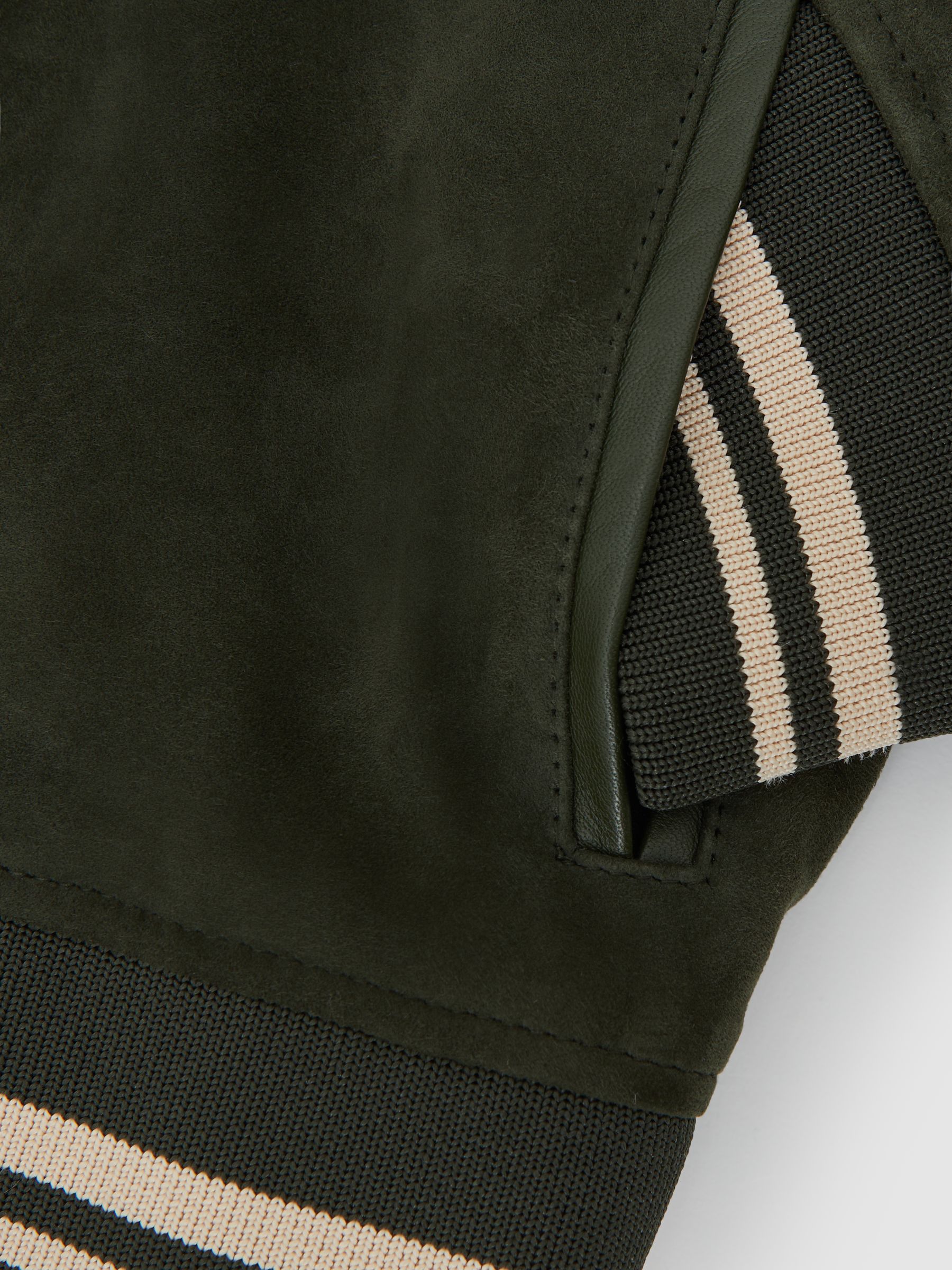 Suede Stripe-Trim Bomber Jacket in Forest Green - image 3