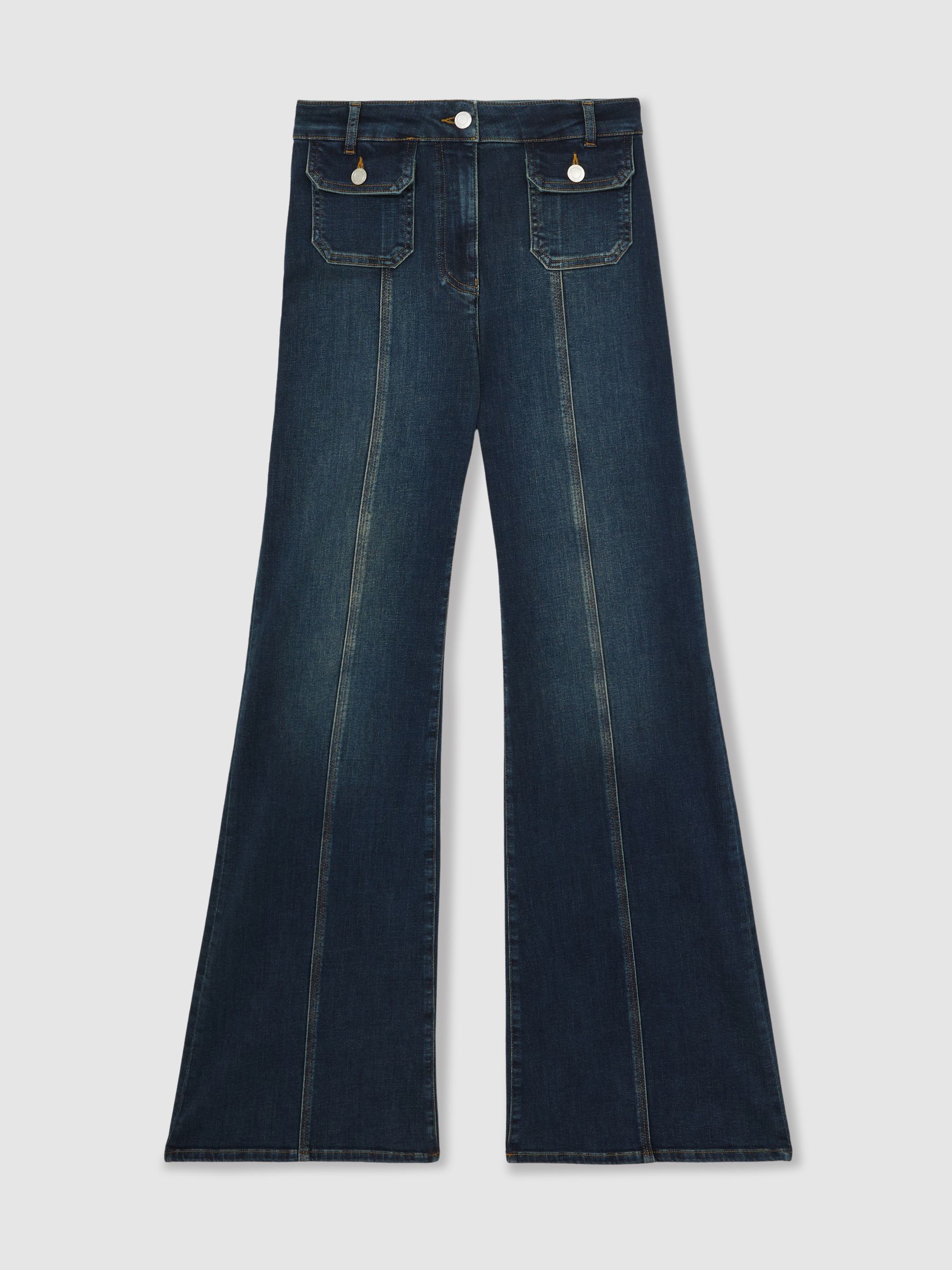 Button-Pocket Flared Jeans in Mid Blue - Image 2 of 7