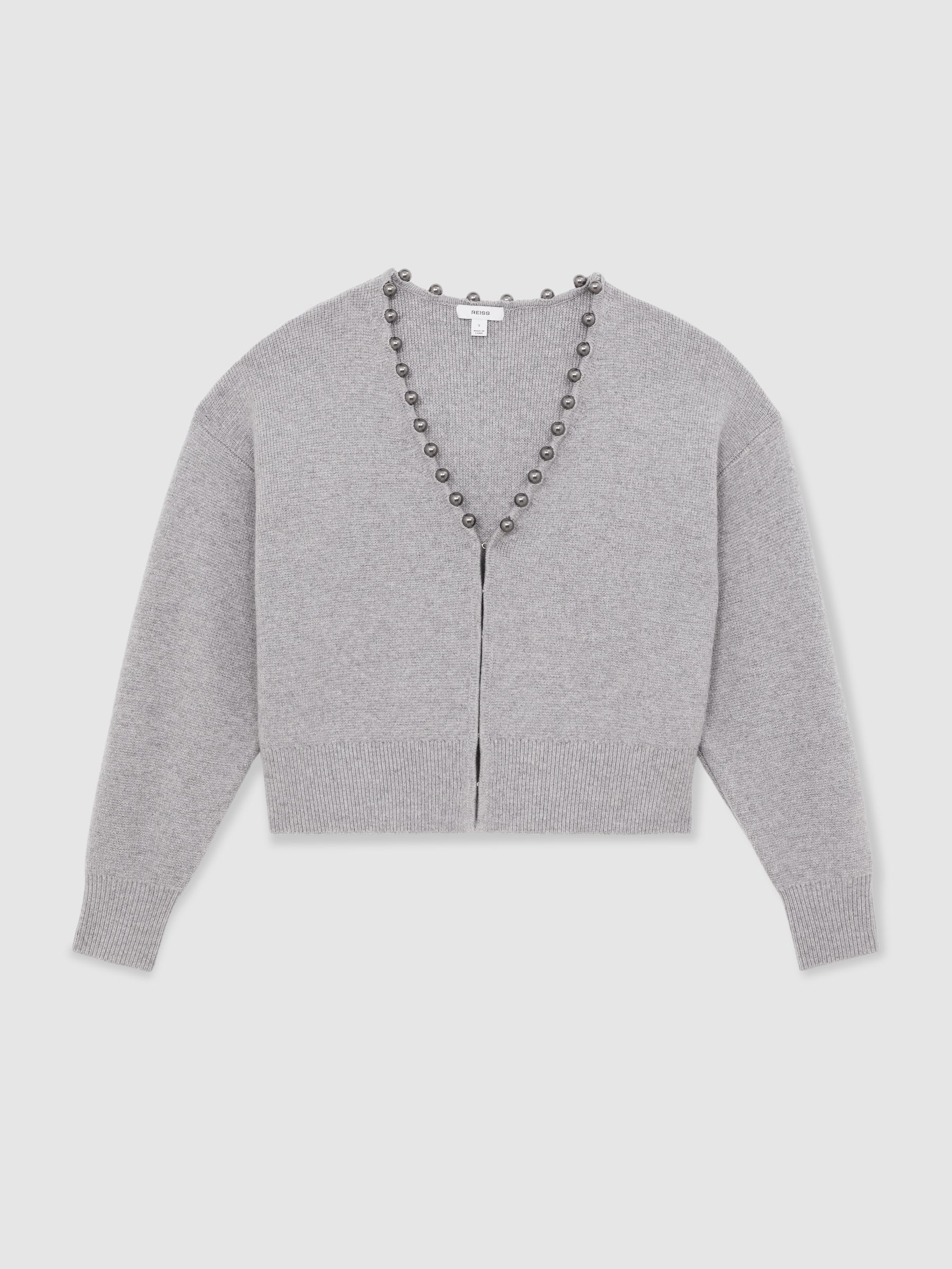 Wool-Blend Beaded-Trim Cardigan With Cashmere in Grey - Image 2 of 6