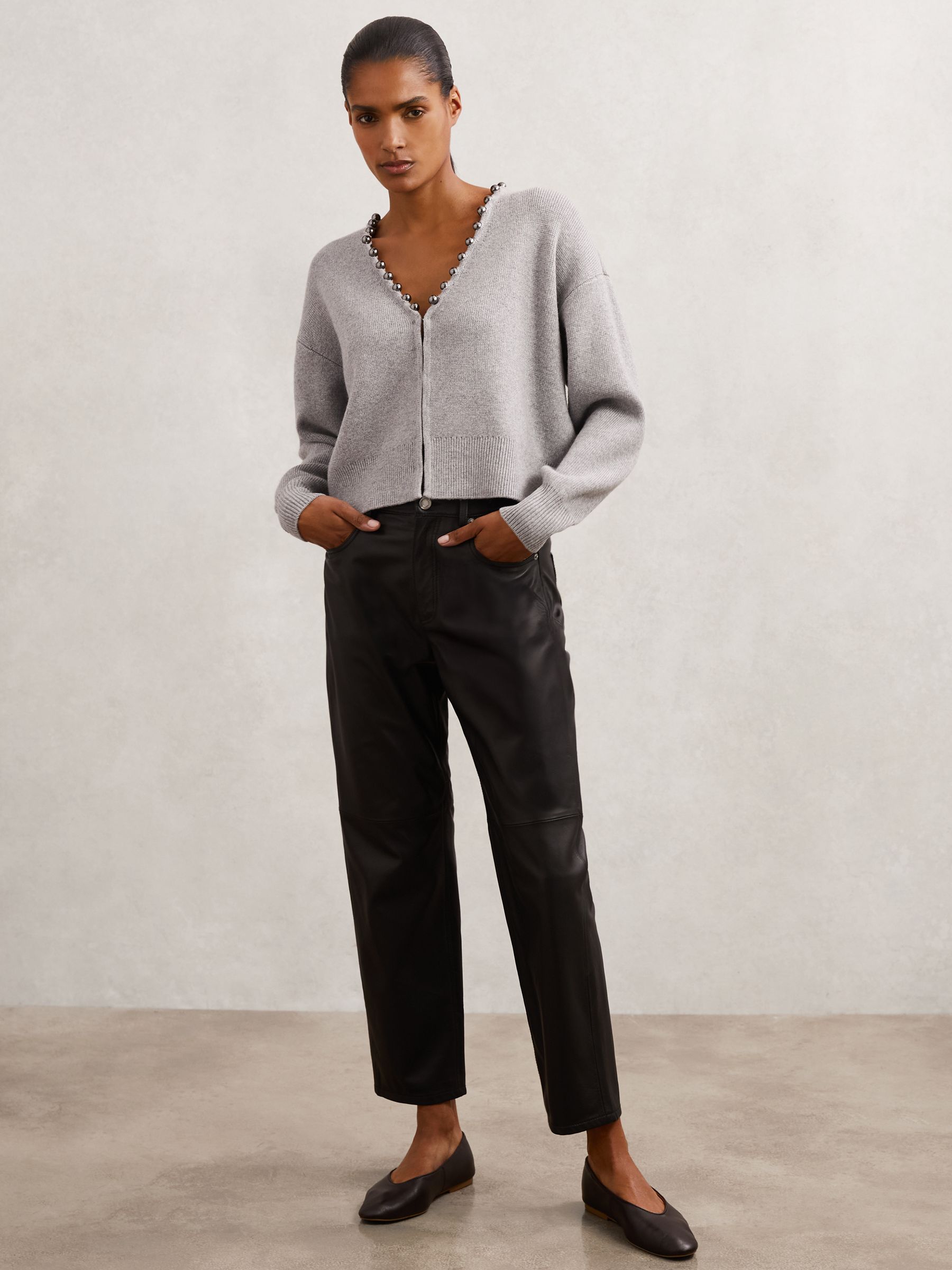 Wool-Blend Beaded-Trim Cardigan With Cashmere in Grey - Image 4 of 6