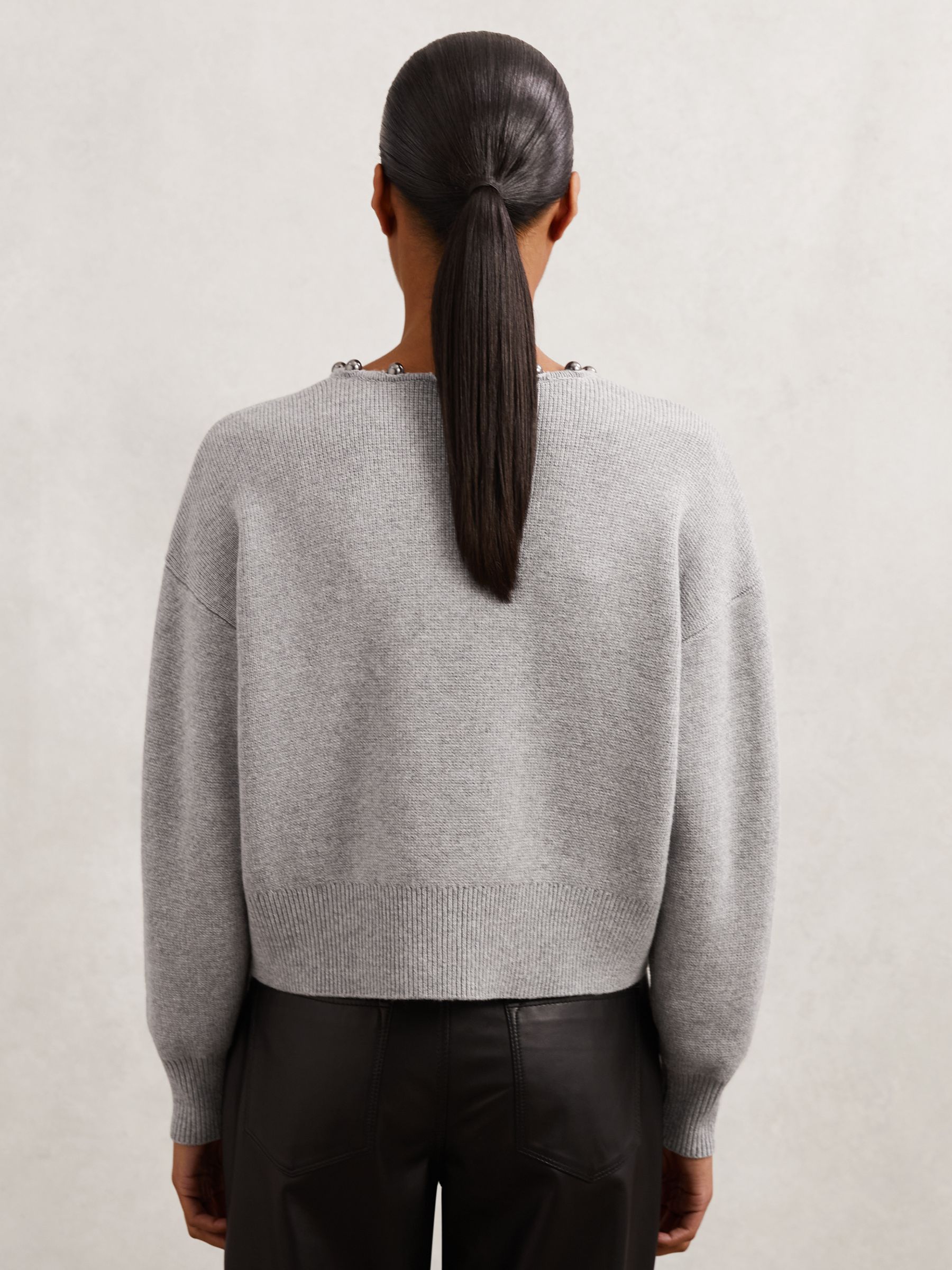 Wool-Blend Beaded-Trim Cardigan With Cashmere in Grey - Image 5 of 6