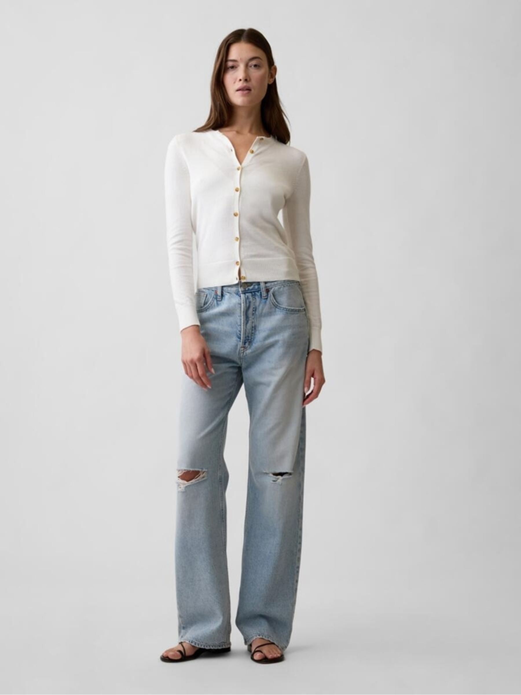 White 100% Cotton Crew Neck Cardigan - Image 3 of 5