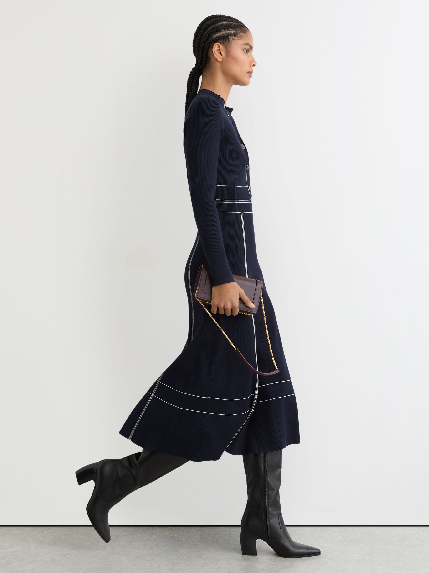Petite Contrast-Stitch Knitted Midi Dress in Navy - image 3