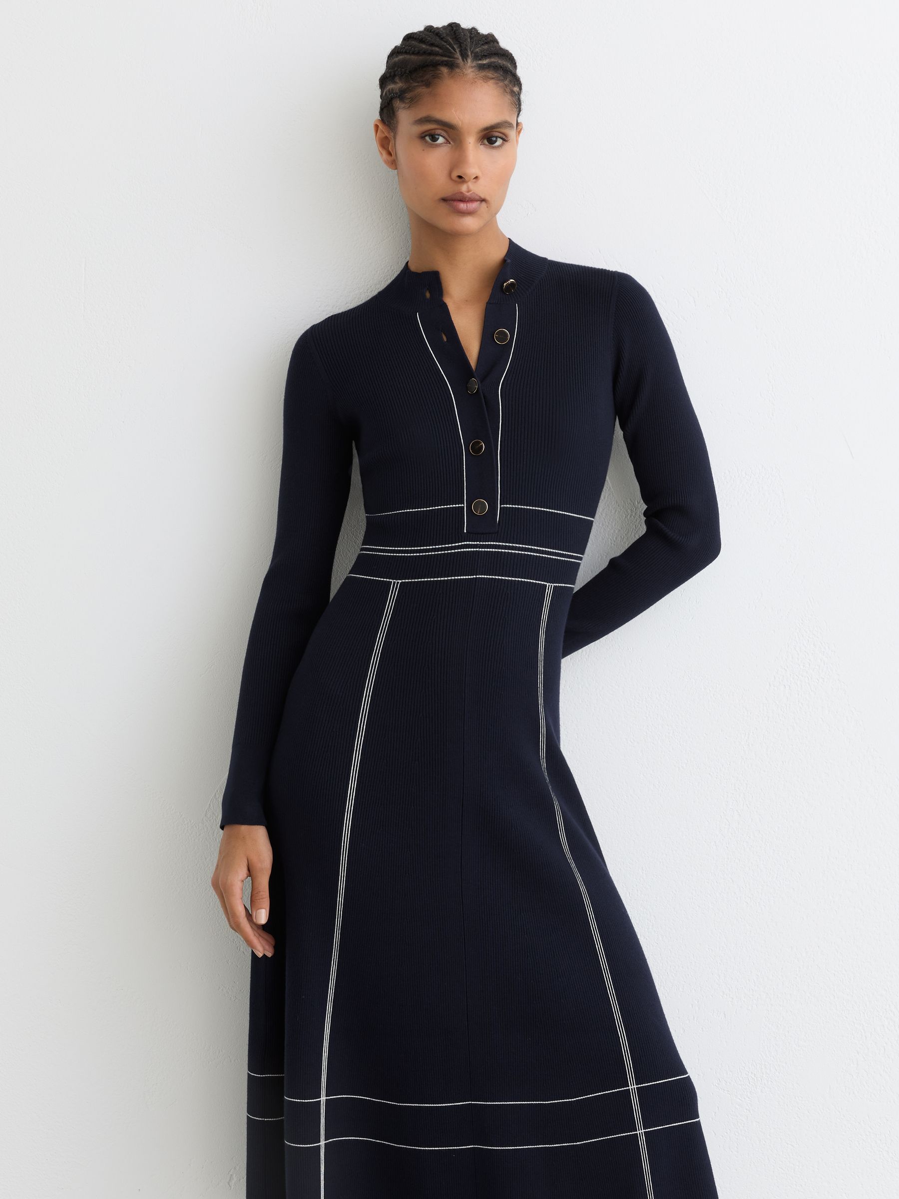 Petite Contrast-Stitch Knitted Midi Dress in Navy - image 4