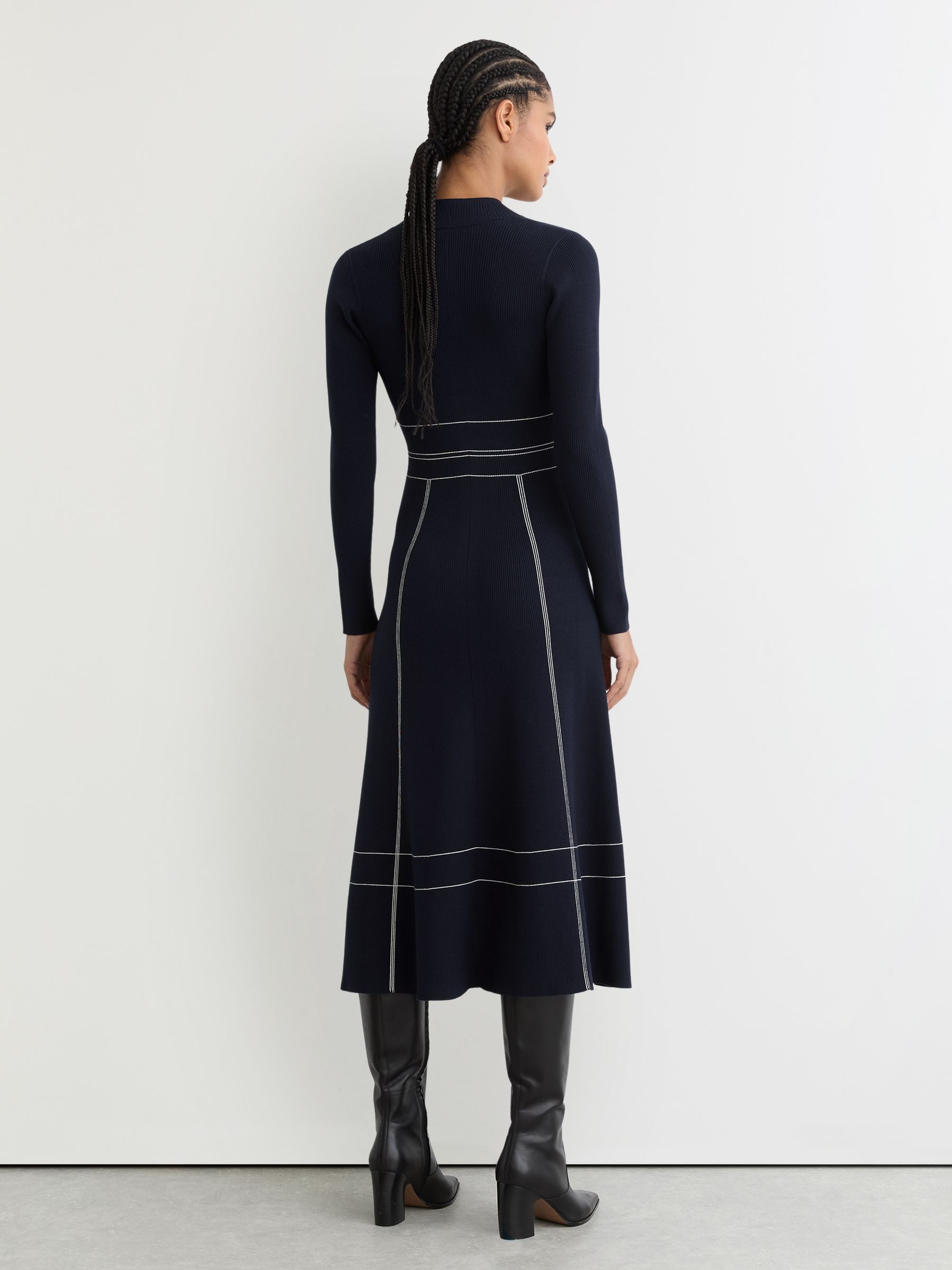 Petite Contrast-Stitch Knitted Midi Dress in Navy - Image 6 of 7