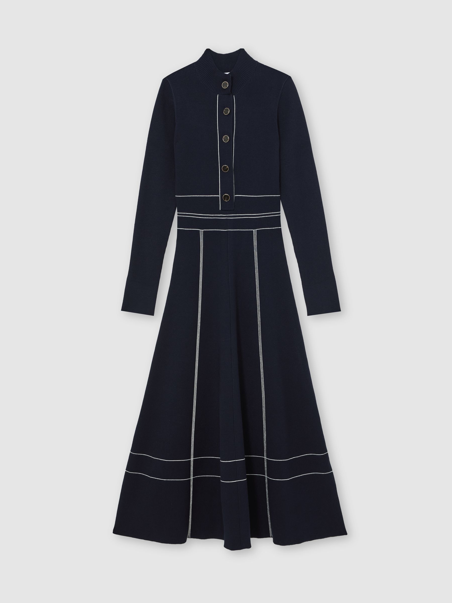 Contrast-Stitch Knitted Midi Dress in Navy