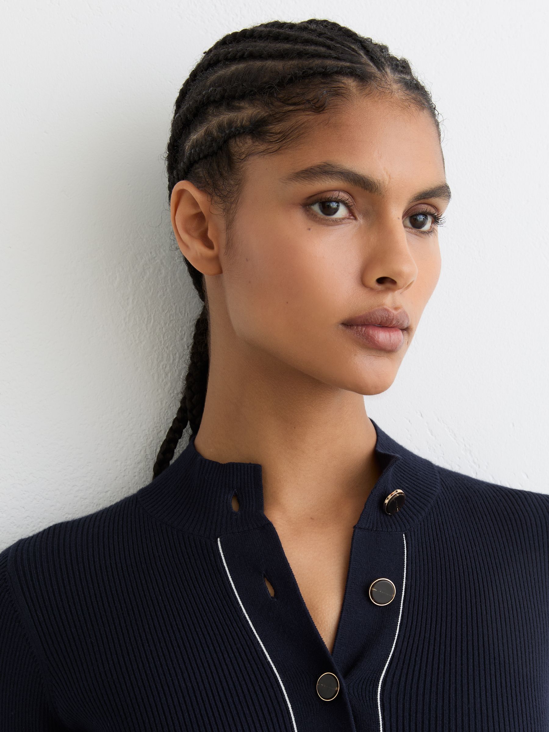 Contrast-Stitch Knitted Midi Dress in Navy - Image 3 of 7