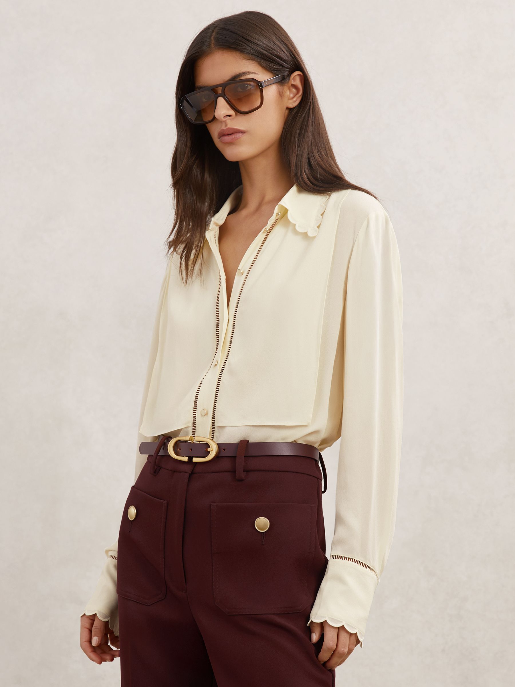 Scallop-Trim Ladder-Stitch Shirt in Cream - Image 1 of 6