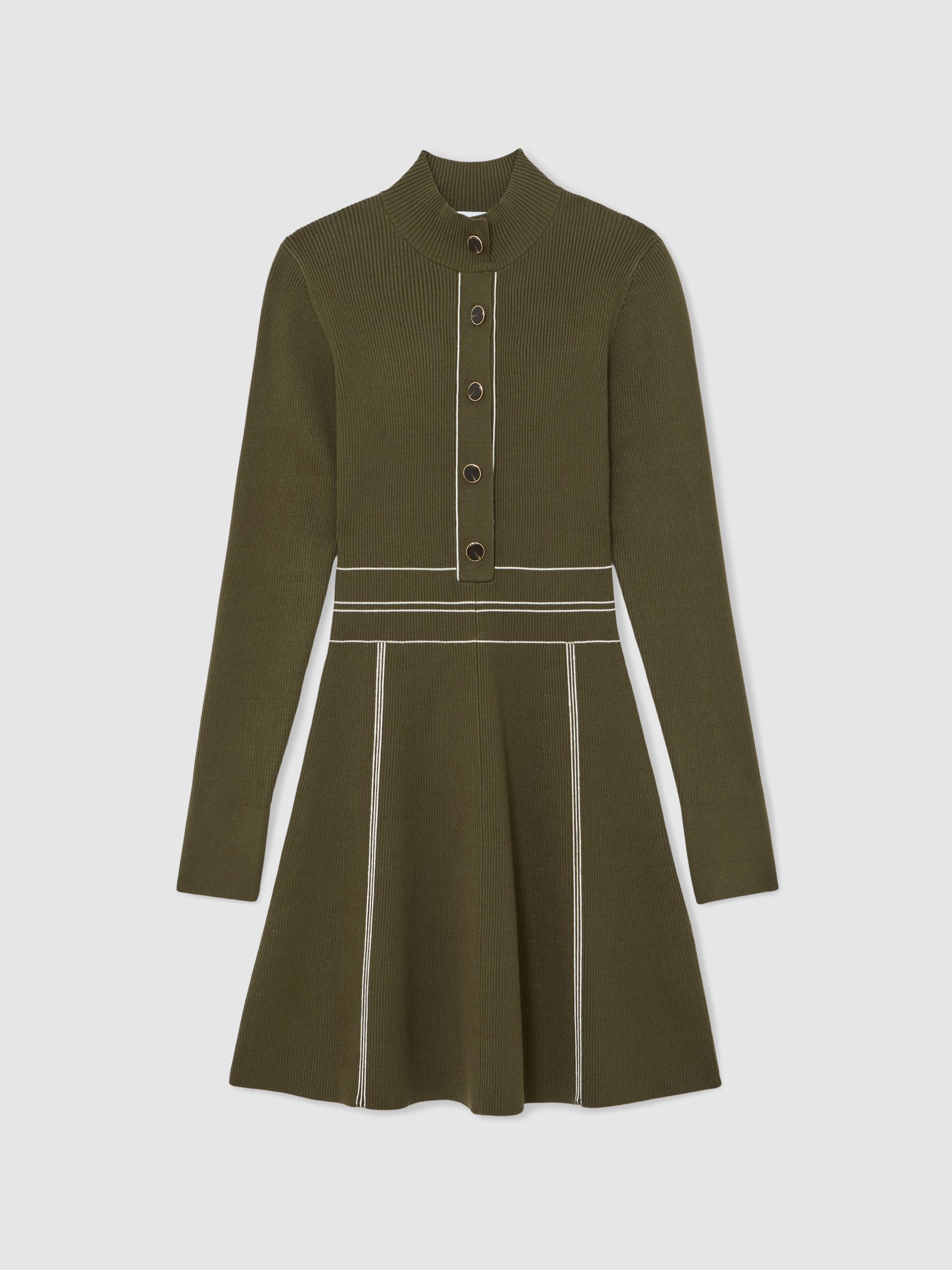 Contrast-Stitch Knitted Mini Dress in Khaki Green - image 1