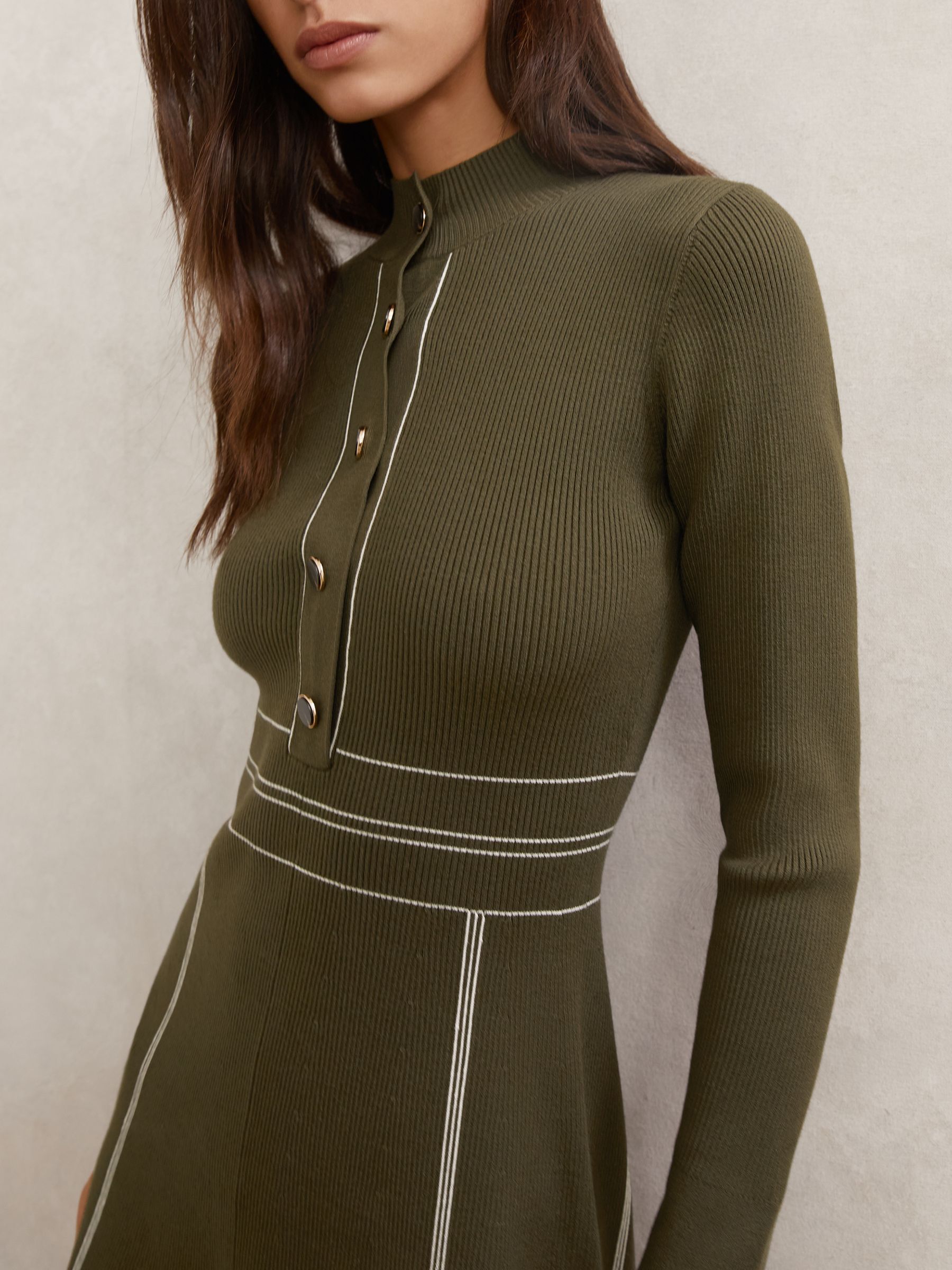Contrast-Stitch Knitted Mini Dress in Khaki Green - image 5