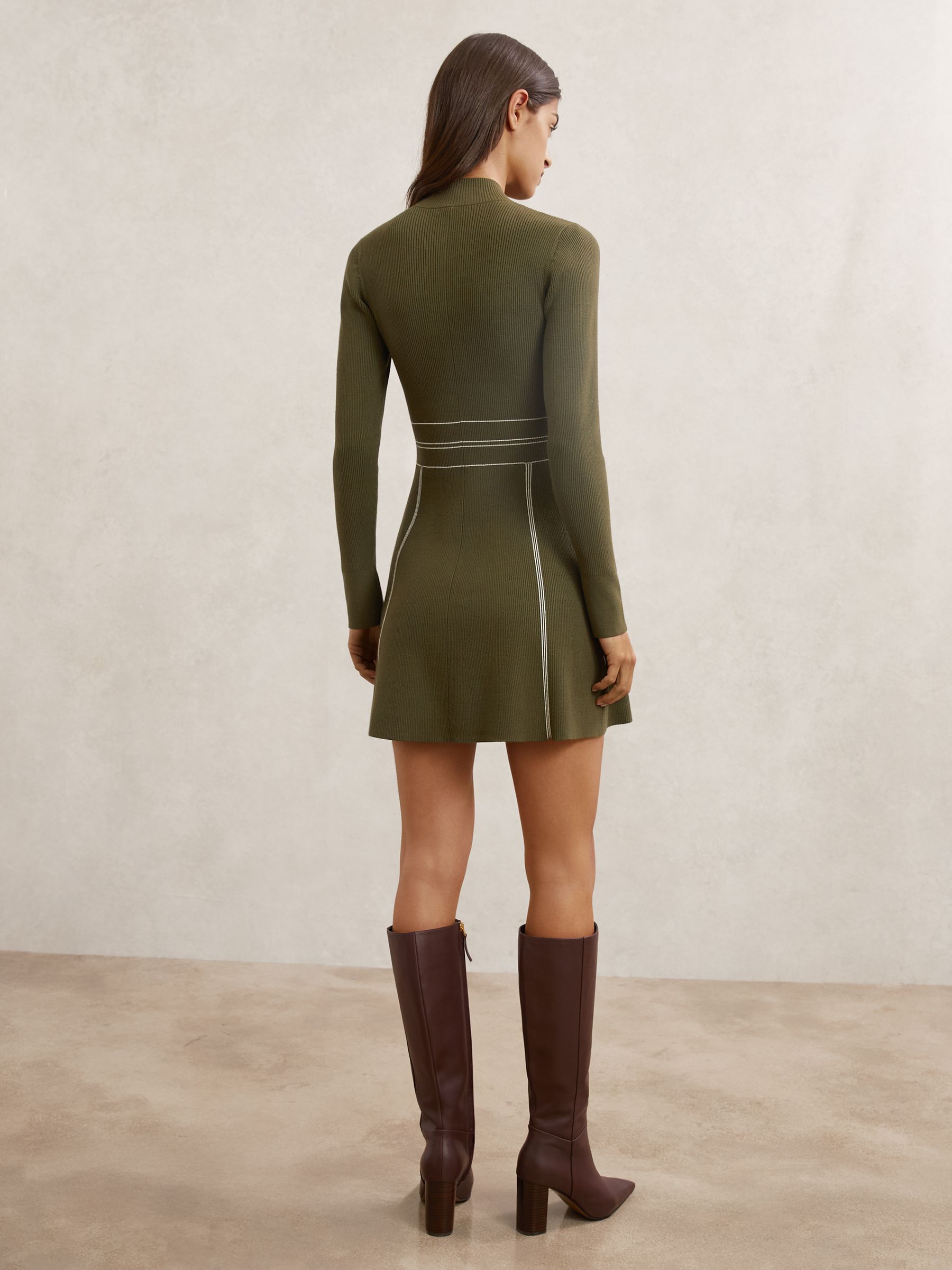 Contrast-Stitch Knitted Mini Dress in Khaki Green - image 4