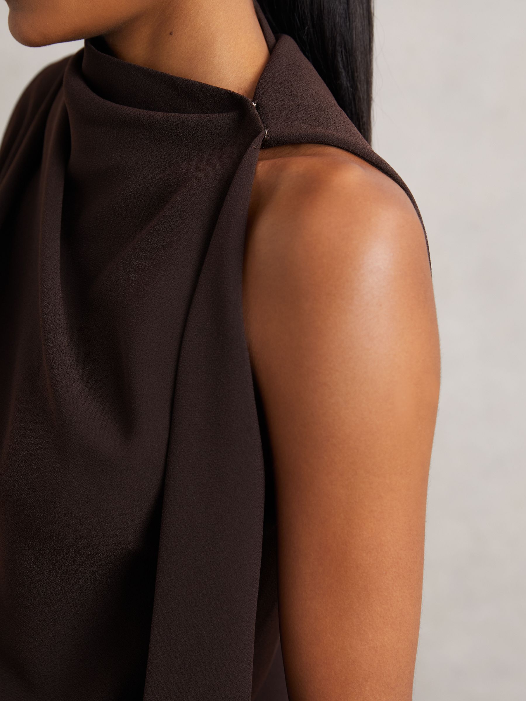 One-Shoulder Draped Mini Dress in Chocolate Brown - Image 3 of 7