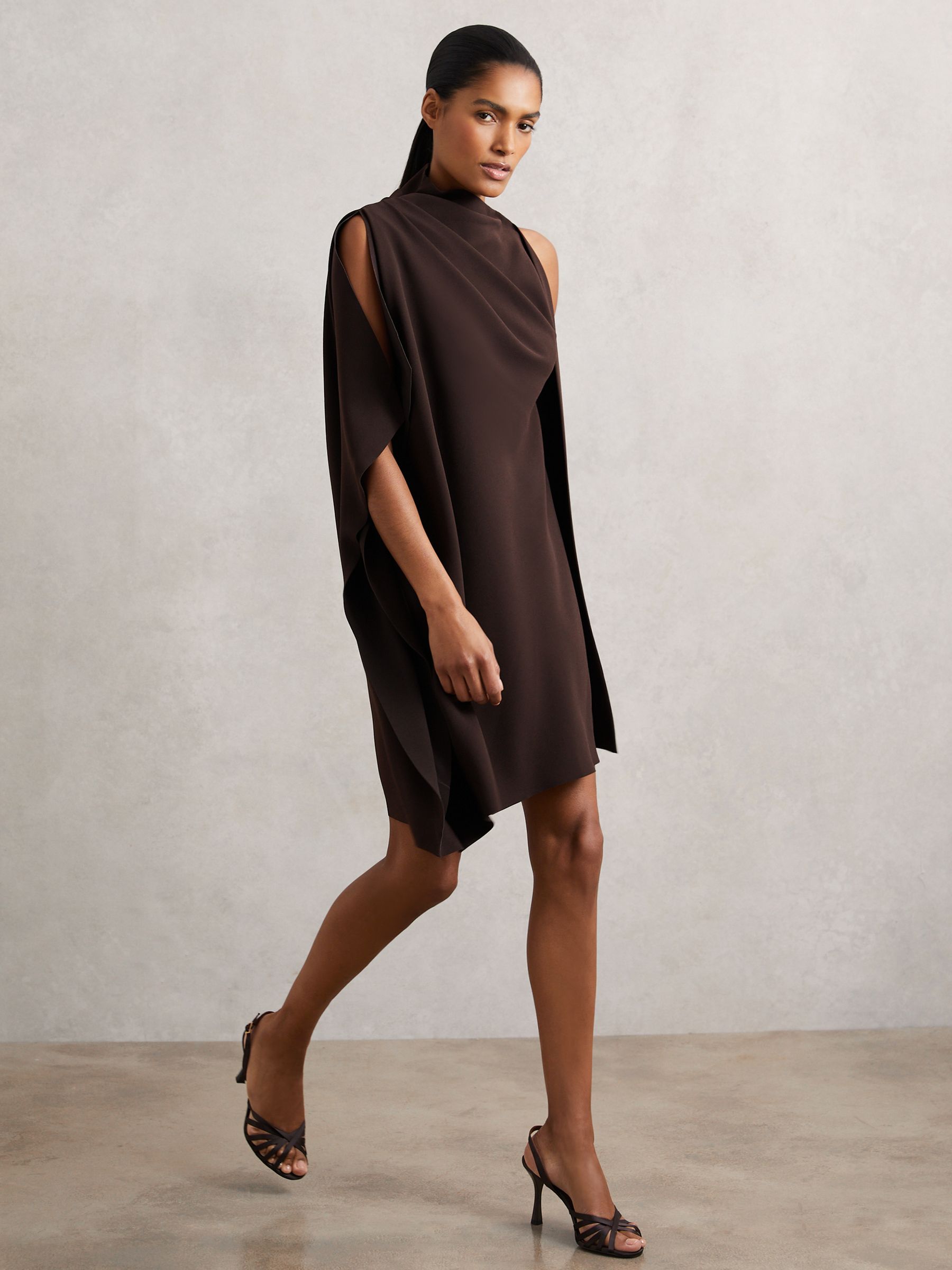 One-Shoulder Draped Mini Dress in Chocolate Brown - Image 5 of 7