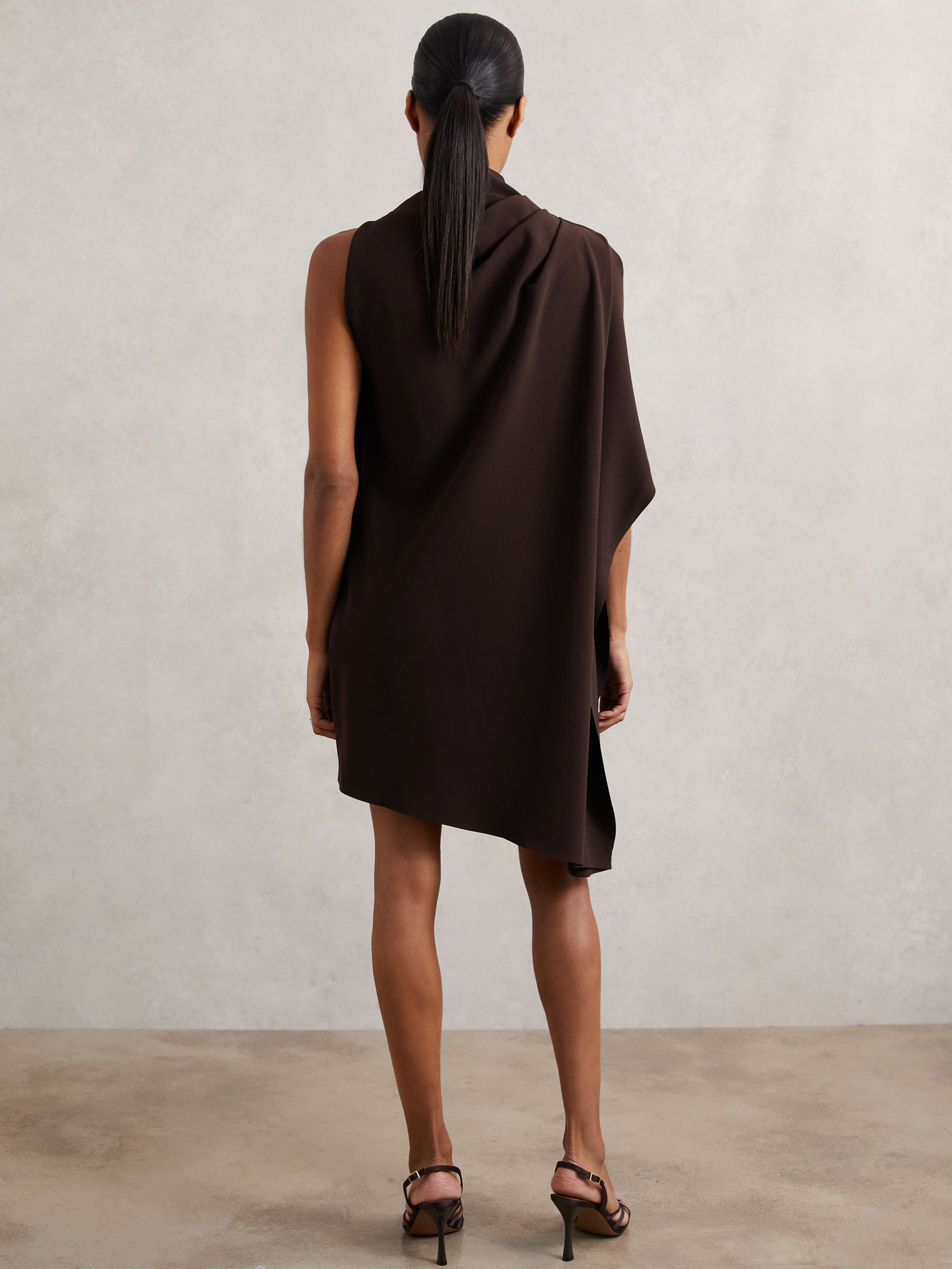One-Shoulder Draped Mini Dress in Chocolate Brown - image 4
