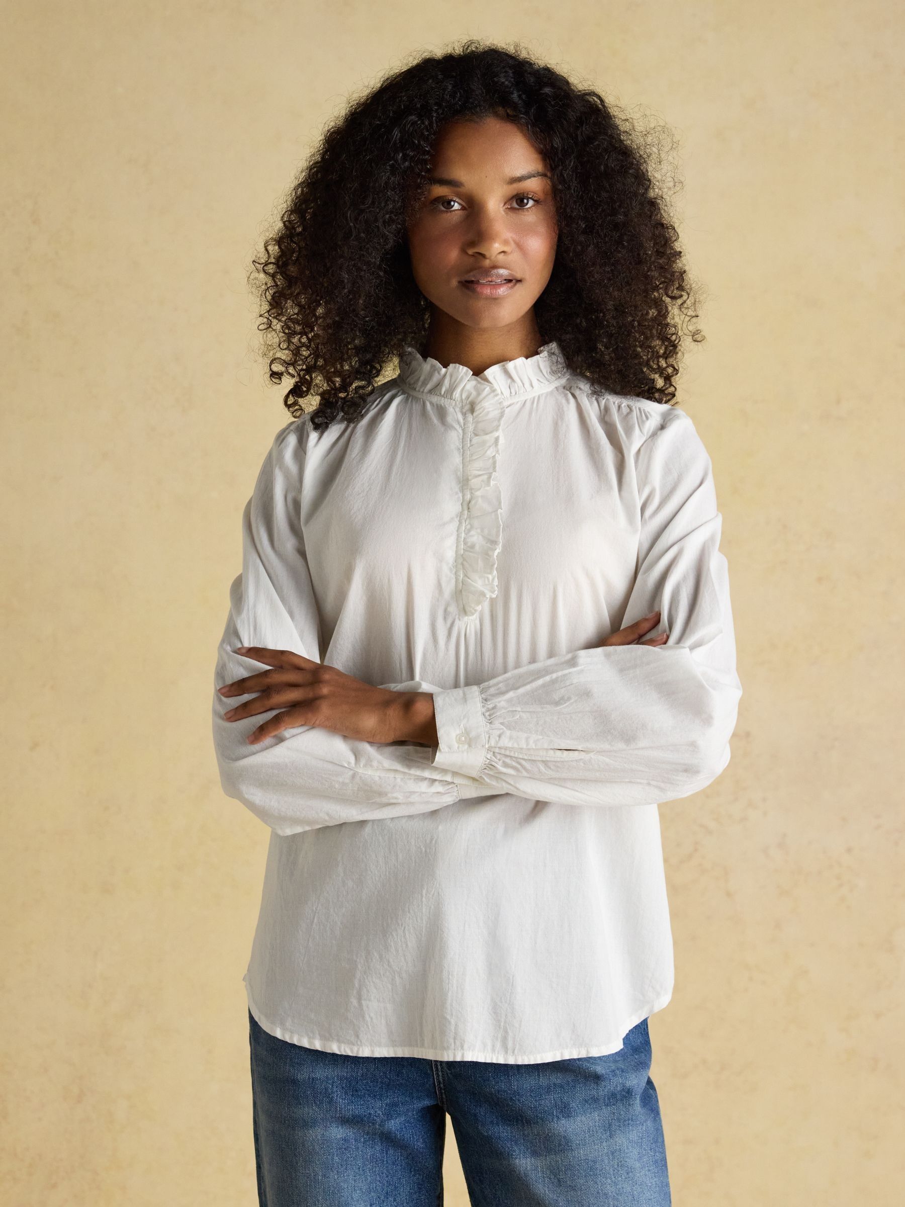 Melanie White Long Sleeve Blouse with Ruffle Neck | Joules
