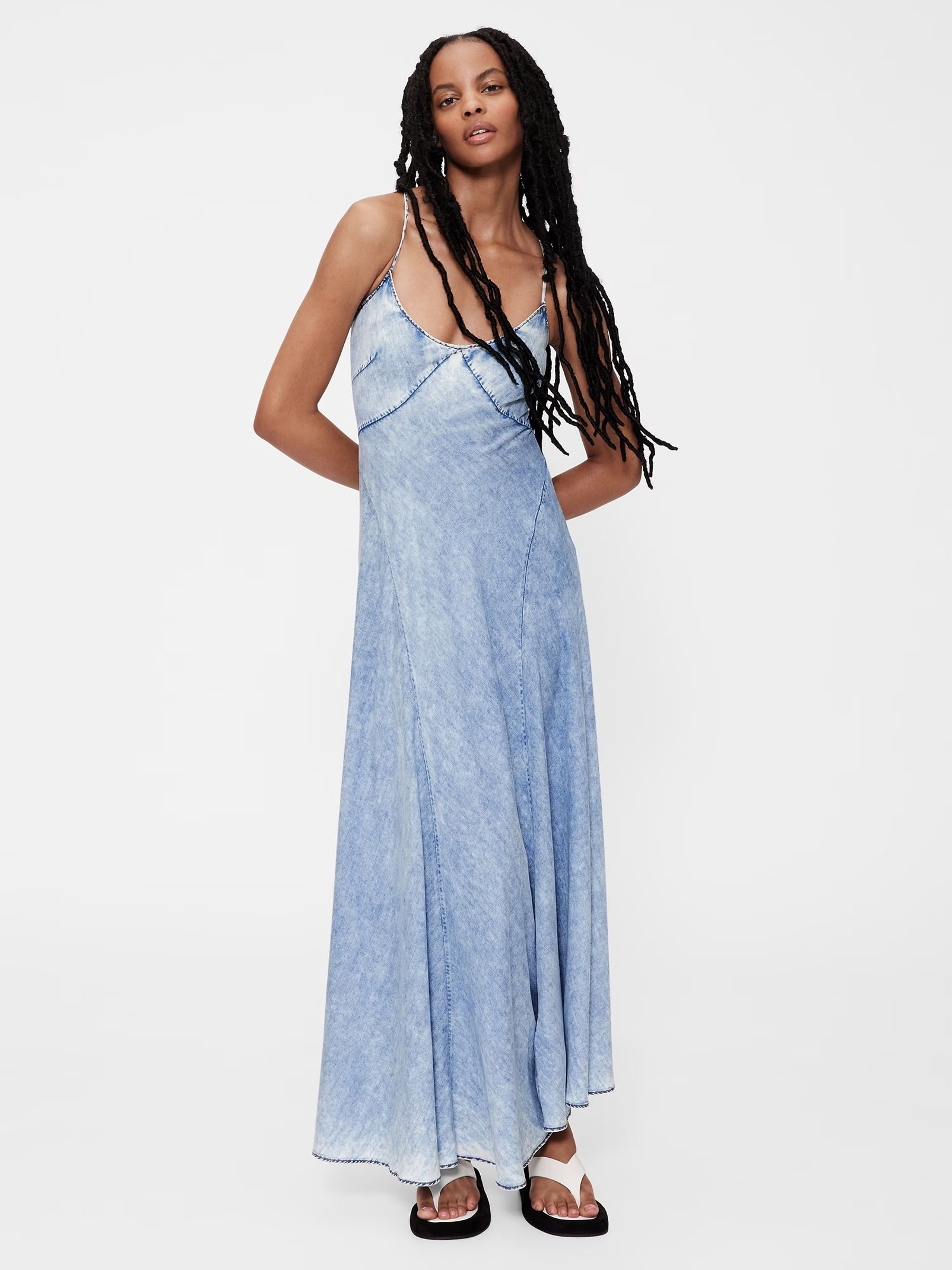 Denim Sneakers With Gown GapStudio Blue Draped Denim Slip Maxi