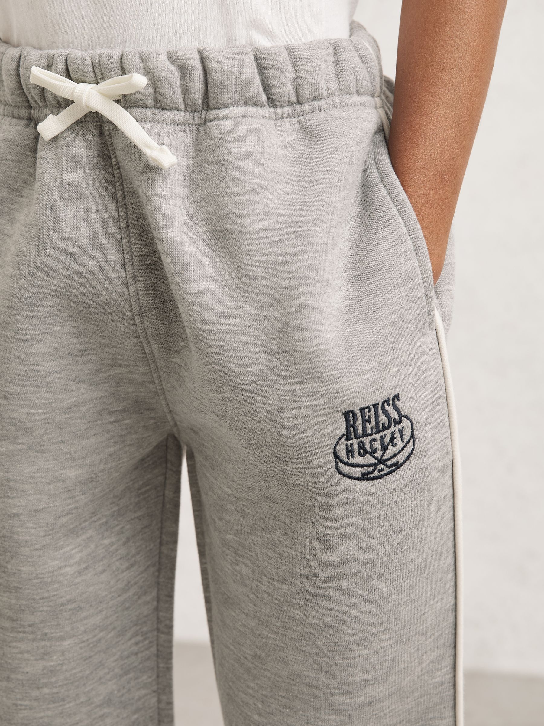 9-13 yrs Cotton-Blend Hockey Joggers with Contrast Piping in Grey Melange - Image 3 of 4