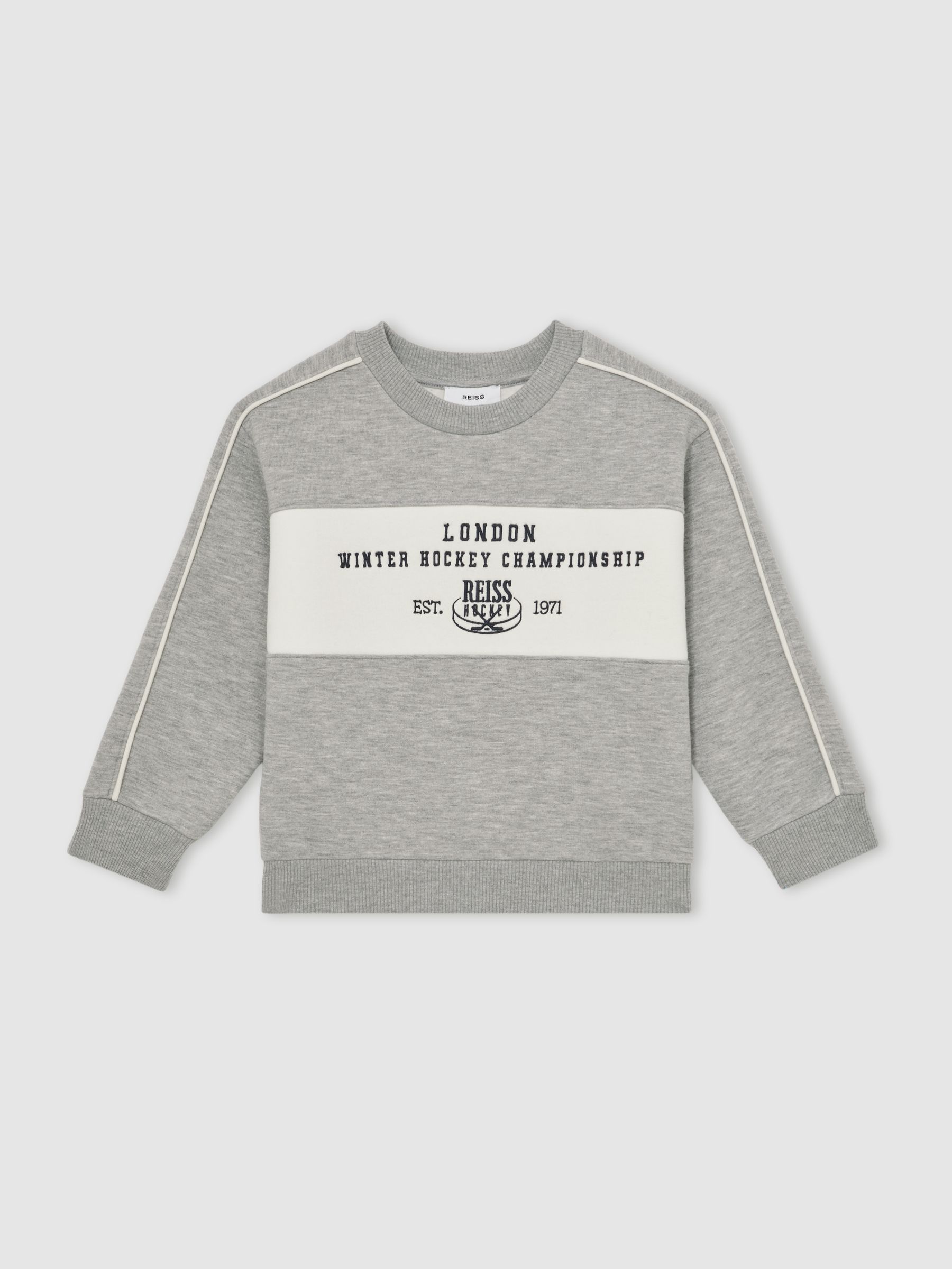 9-13 yrs Cotton-Blend Hockey Sweatshirt with Contrast-Piping in Grey Melange - Image 2 of 4