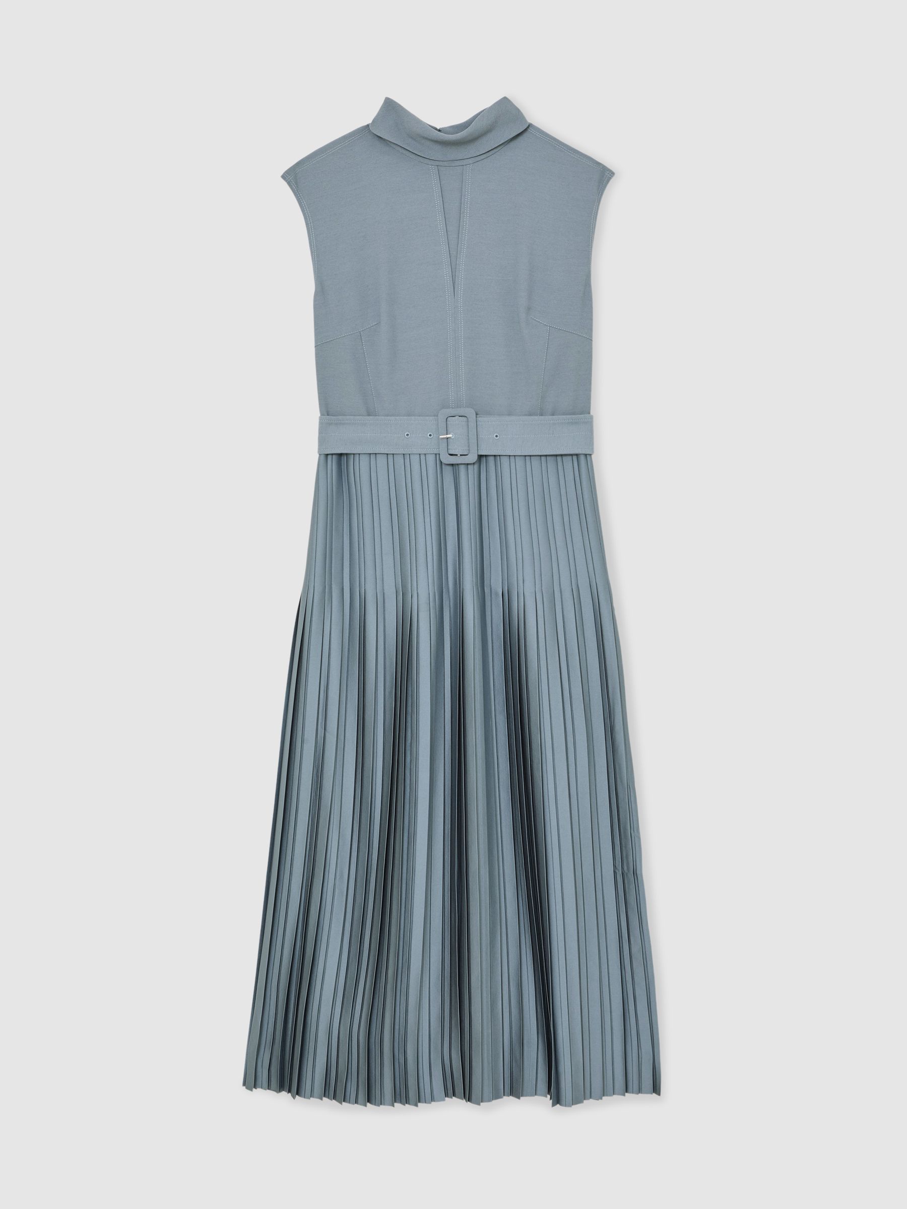 Roll-Neck Belted Pleated Midi Dress in Blue - image 1
