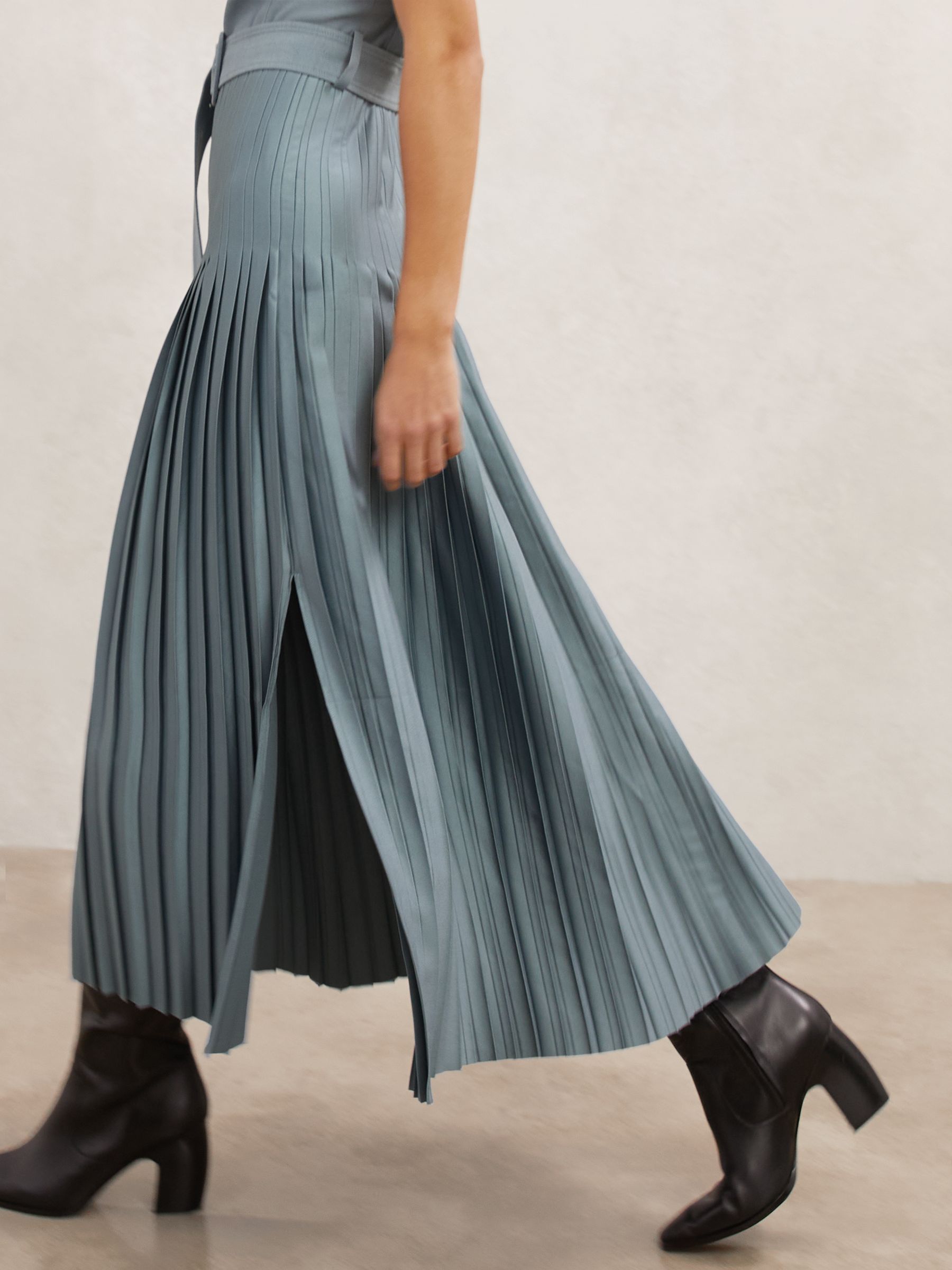 Roll-Neck Belted Pleated Midi Dress in Blue - image 5