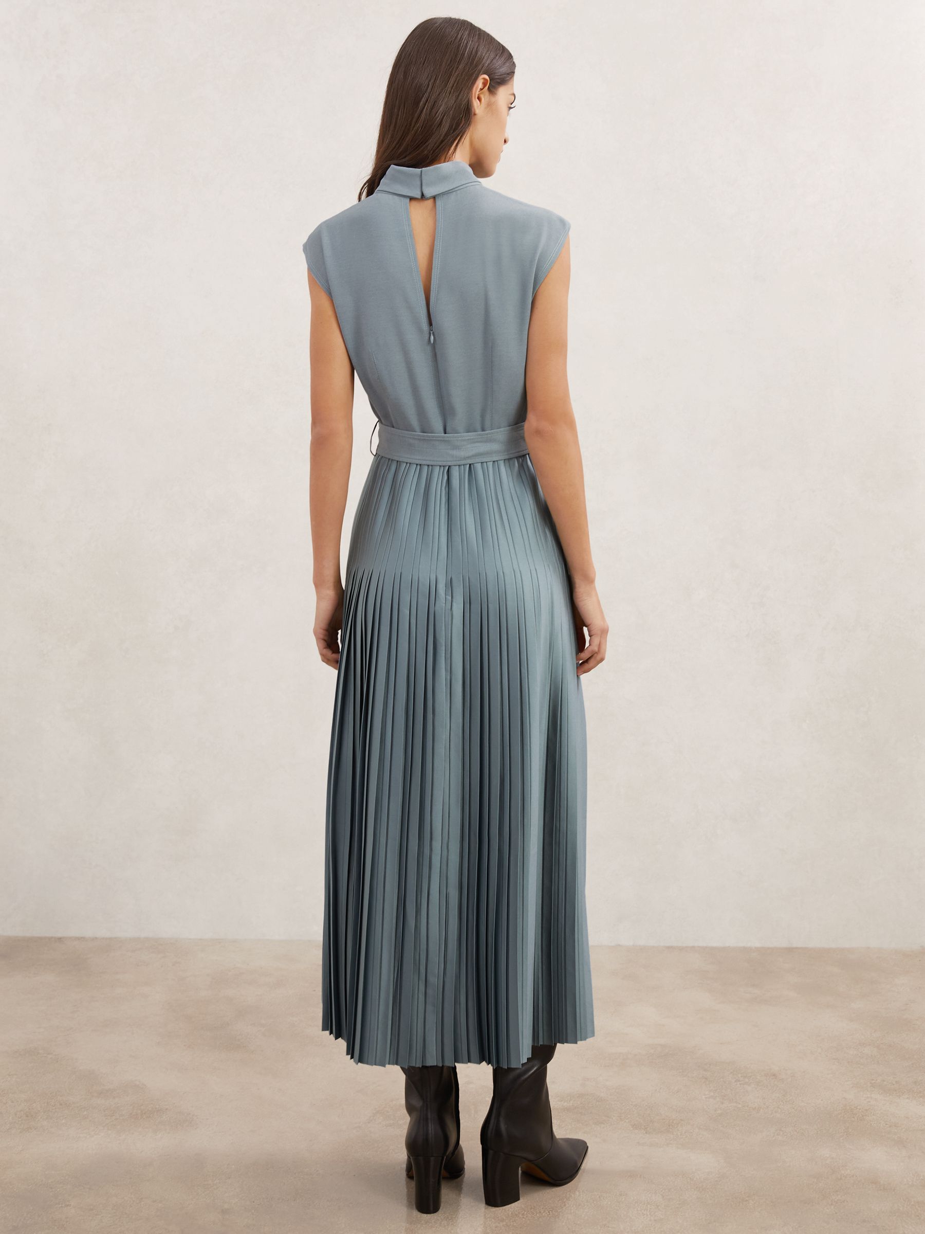 Roll-Neck Belted Pleated Midi Dress in Blue - image 4