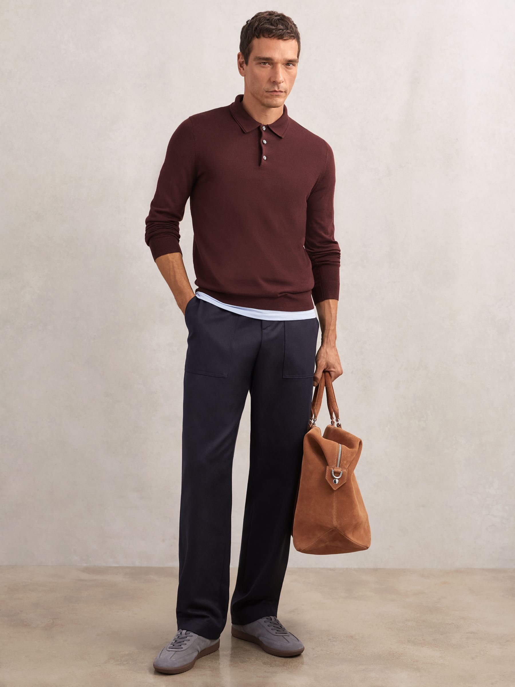 Merino Wool Polo Shirt in Port Red - Image 3 of 6