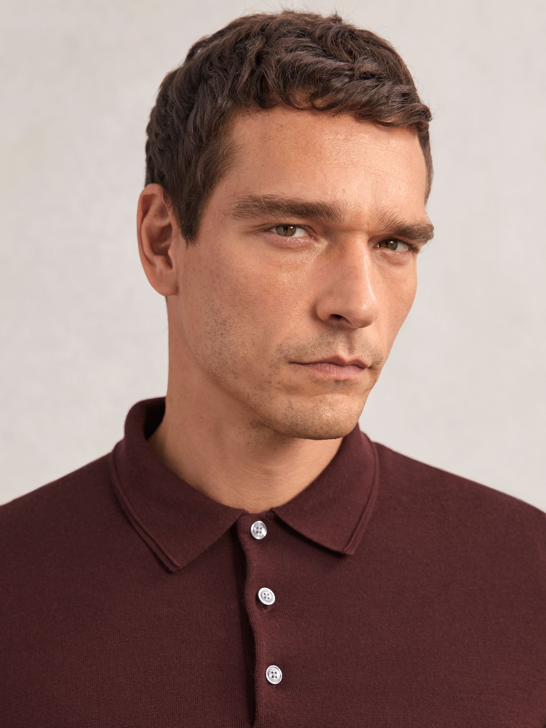 Wool Long-Sleeve Polo Shirt in Port Red - image 4