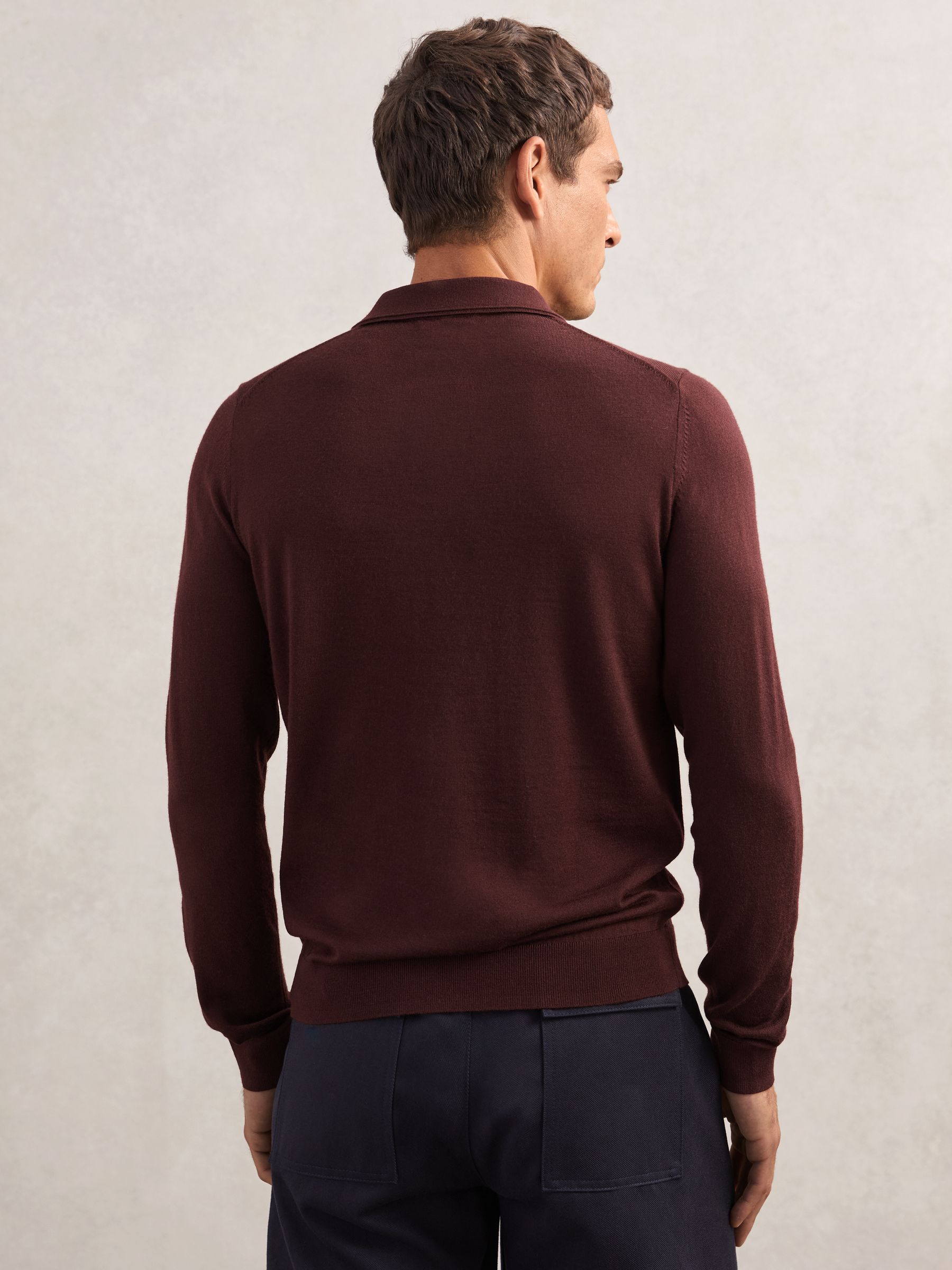 Wool Long-Sleeve Polo Shirt in Port Red - image 5
