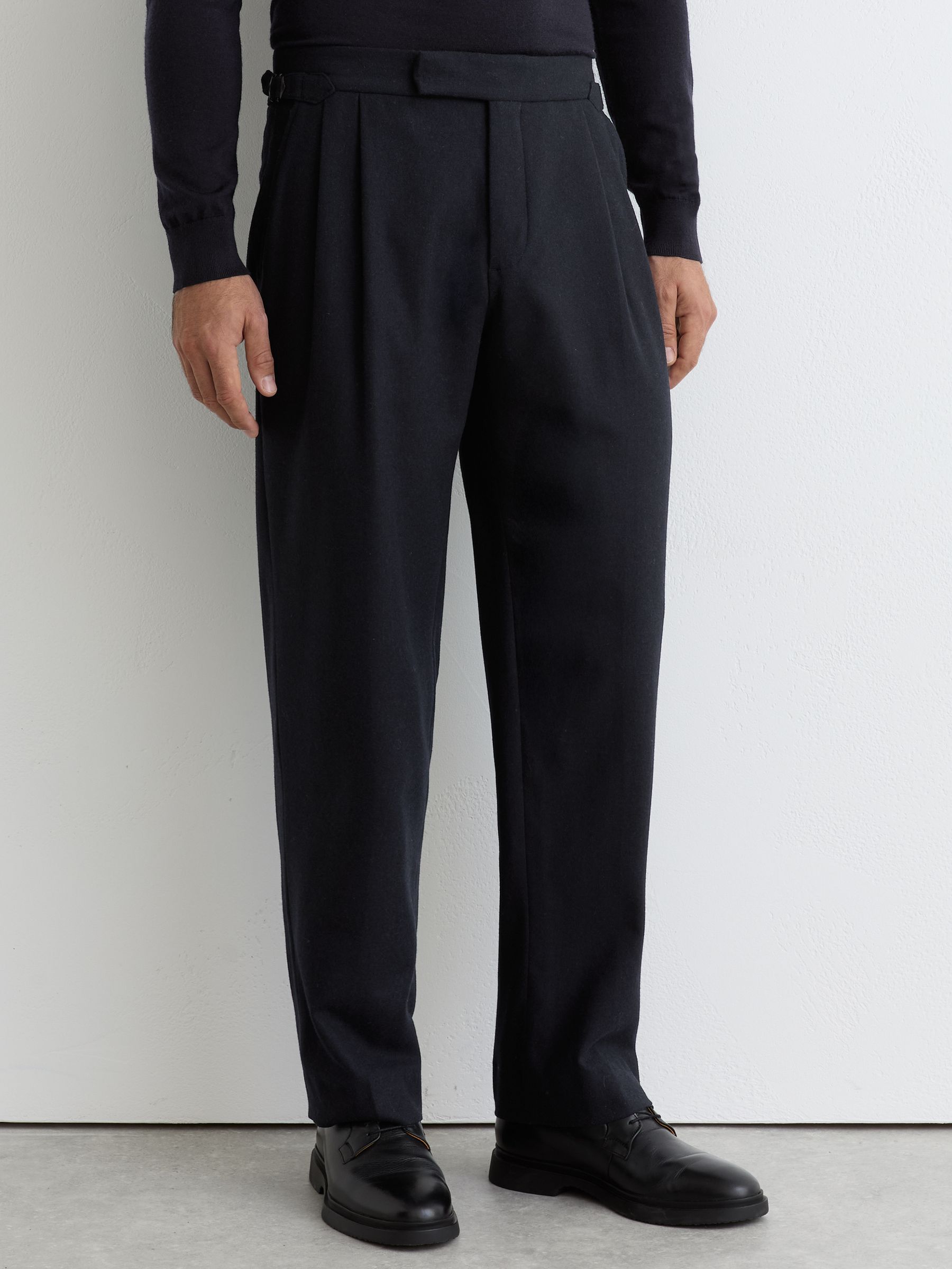 Reiss Wool-Blend Flannel Wide-Leg Trousers in Navy | REISS