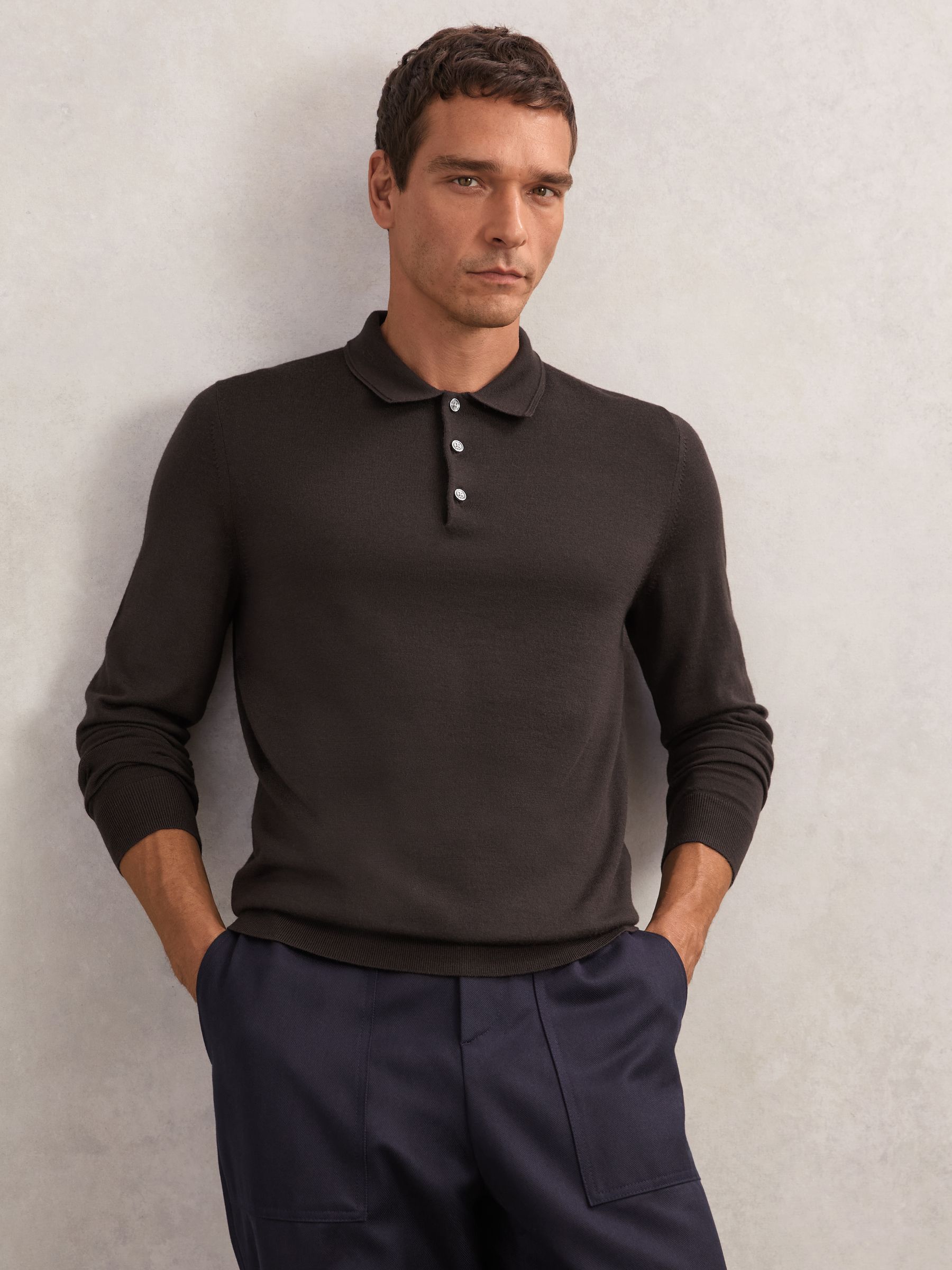 Wool Long-Sleeve Polo Shirt in Chocolate Brown - image 2
