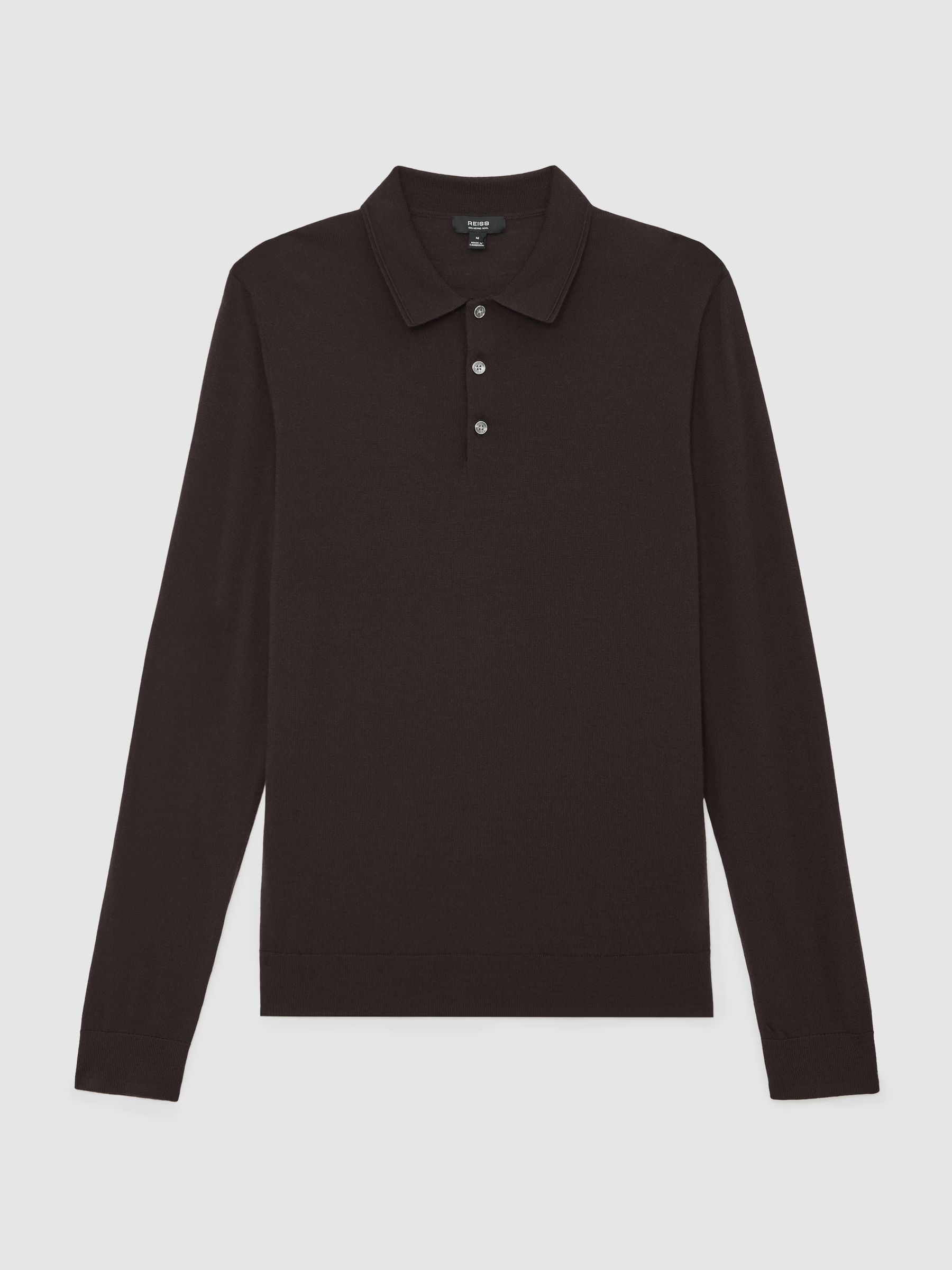 Wool Long-Sleeve Polo Shirt in Chocolate Brown