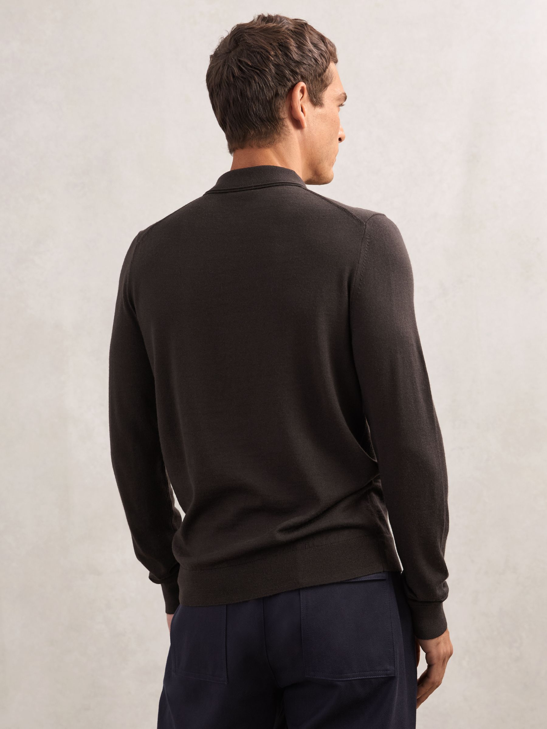 Wool Long-Sleeve Polo Shirt in Chocolate Brown - image 4