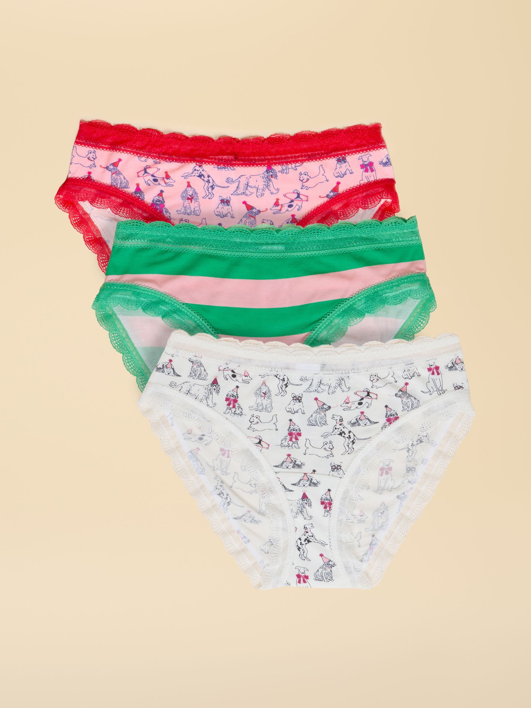 Red & Green Party Dogs/Stripe Knickers 3 Pack - Image 1 of 10 Red & Green Party Dogs/Stripe Knickers 3 Pack - Image 1 of 10