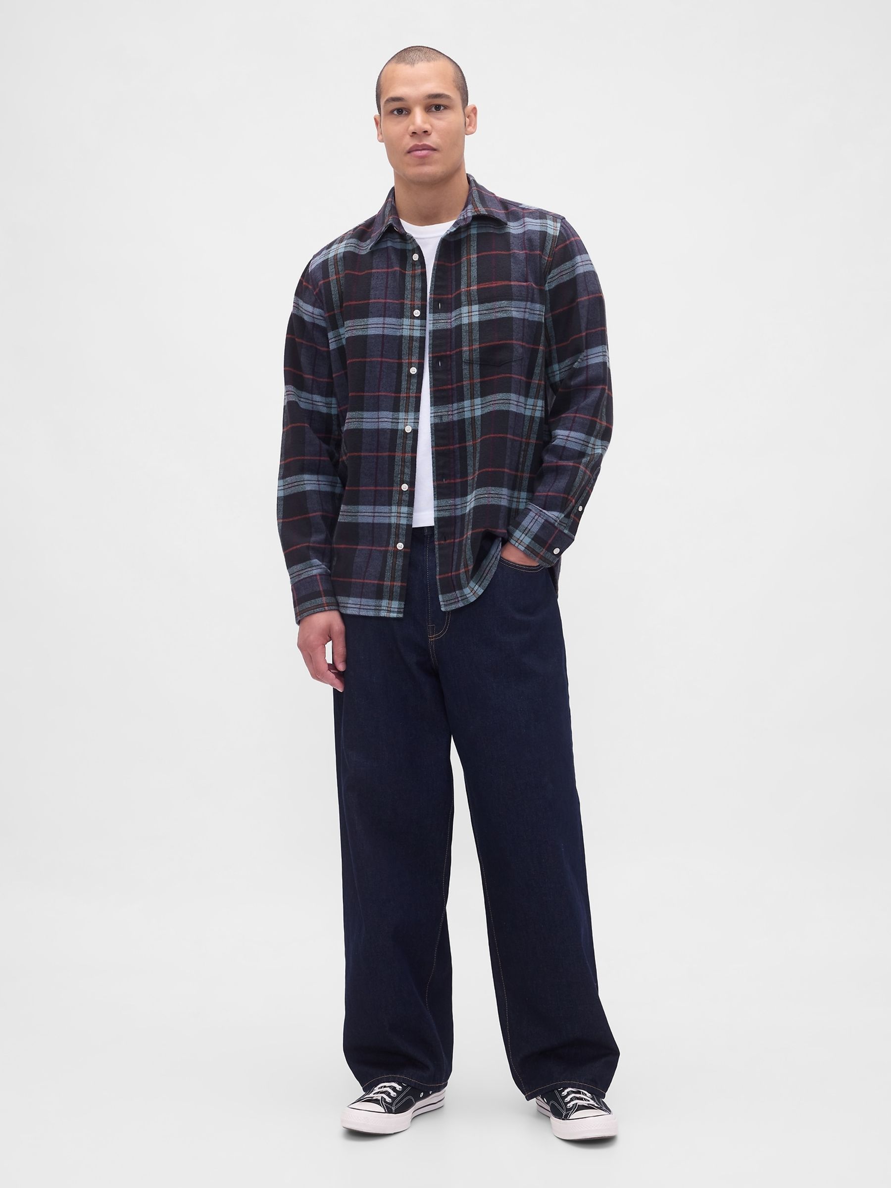 Navy Blue Cotton Relaxed Flannel Shirt - Image 1 of 3